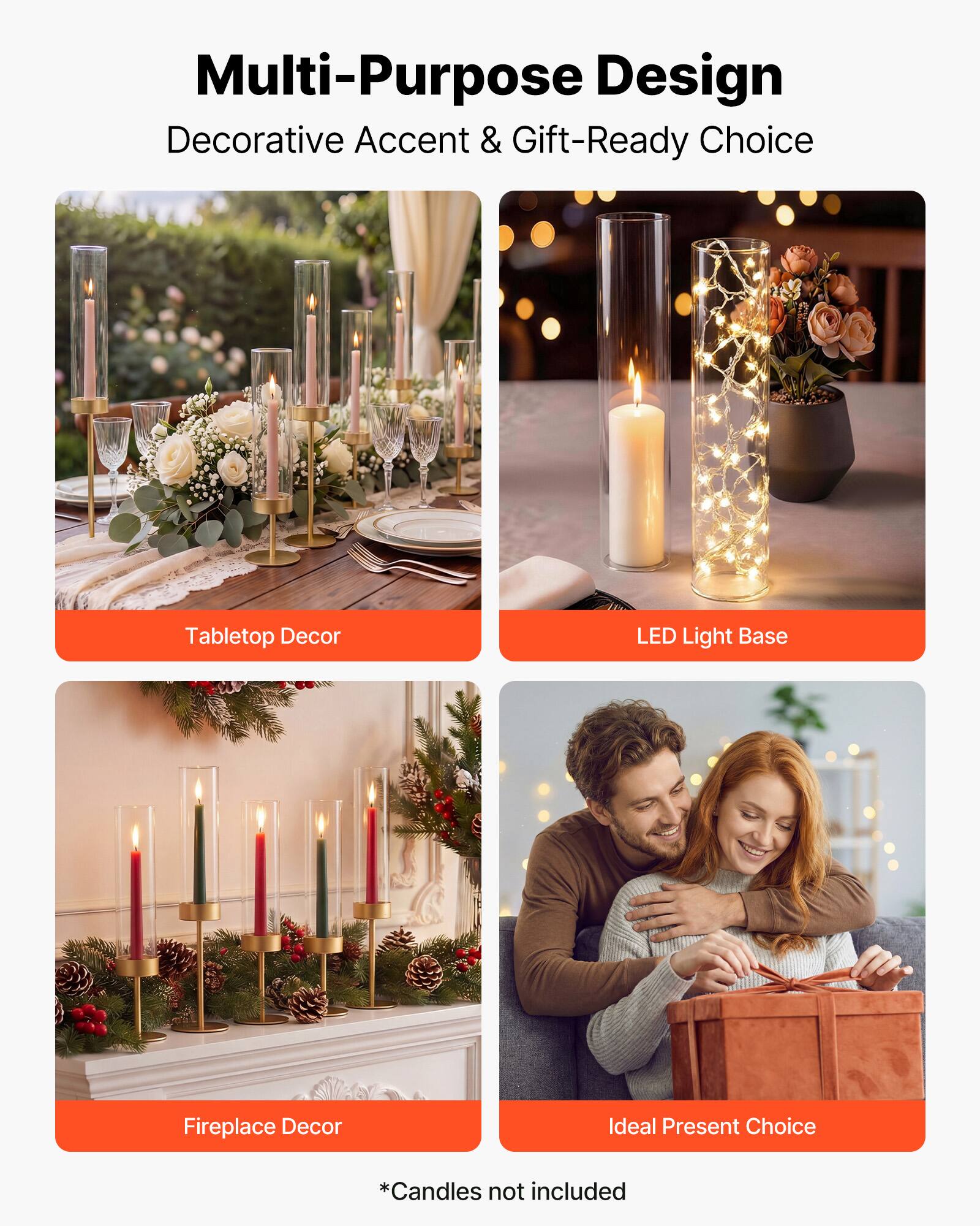 Multi-Purpose Design  
Decorative Accent & Gift-Ready Choice  

Tabletop Decor  
LED Light Base  
Fireplace Decor  
Ideal Present Choice  

*Candles not included