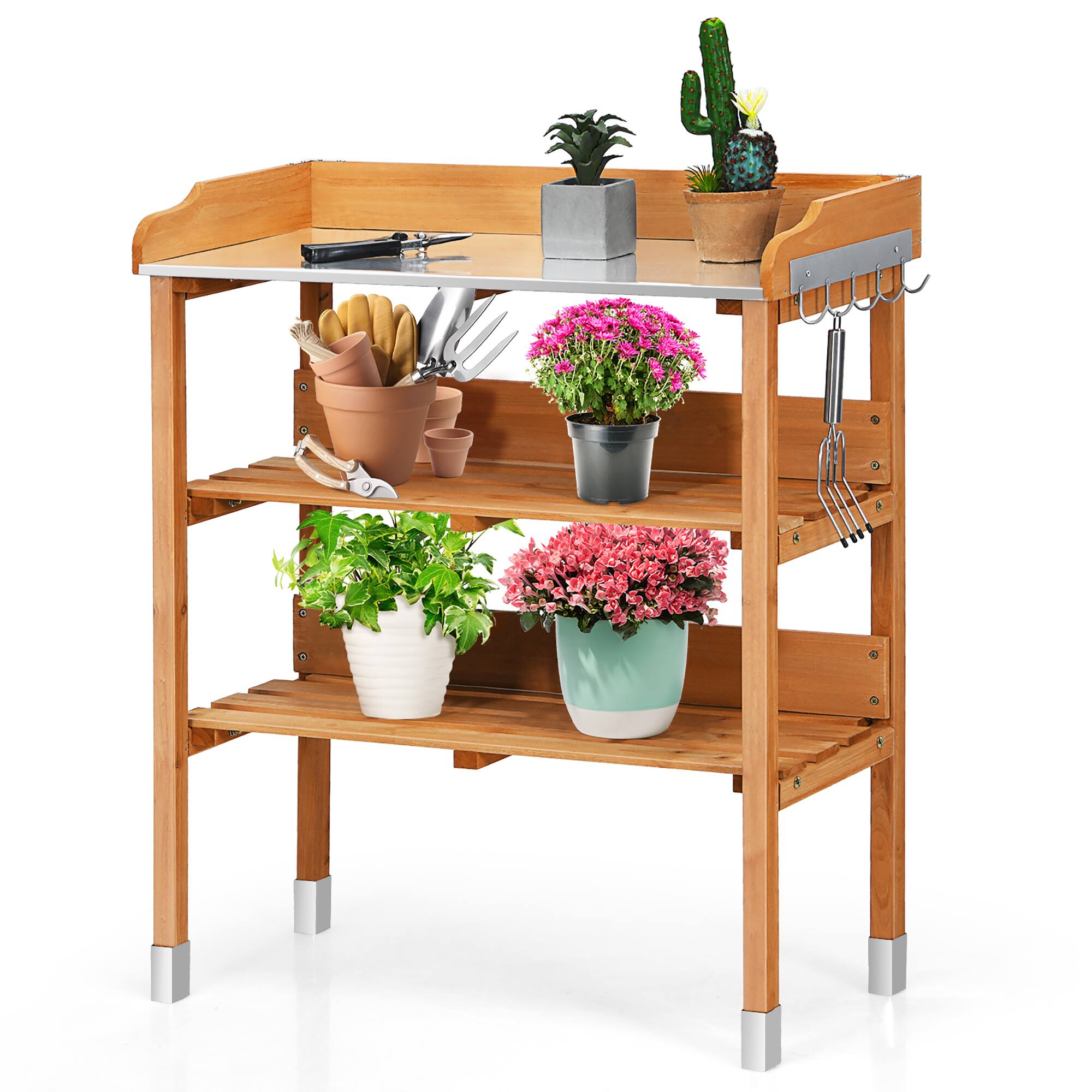 Alt View 9. Costway - Garden Wooden Potting Bench Work Station Table Tool Storage Shelf W/Hook - Natural.