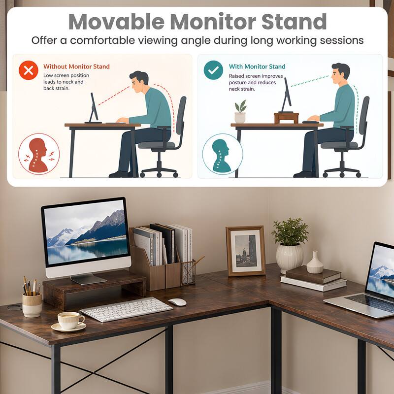 Movable Monitor Stand

Offer a comfortable viewing angle during long working sessions

Without Monitor Stand
Low screen position leads to neck and back strain.

With Monitor Stand
Raised screen improves posture and reduces neck strain.