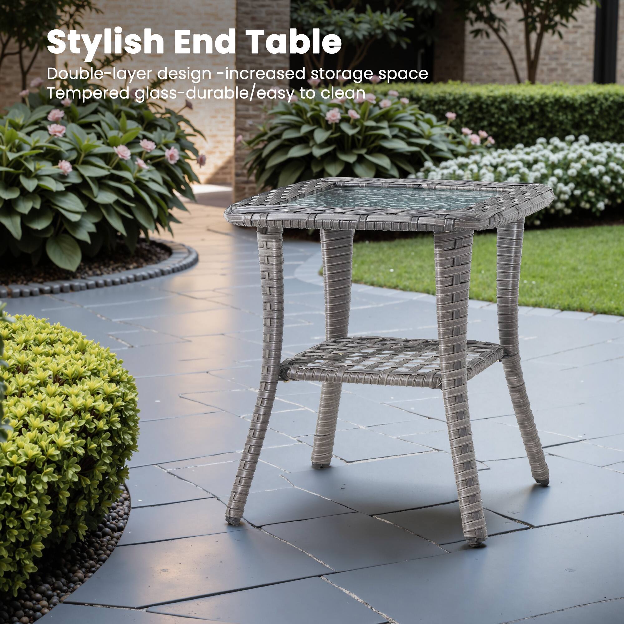 Stylish End Table  
Double-layer design - increased storage space  
Tempered glass - durable/easy to clean