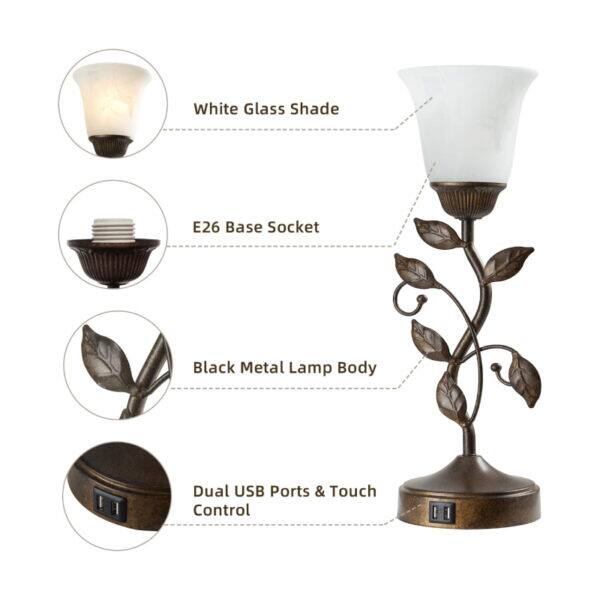 White Glass Shade, E26 Base Socket, Black Metal Lamp Body, Dual USB Ports & Touch Control