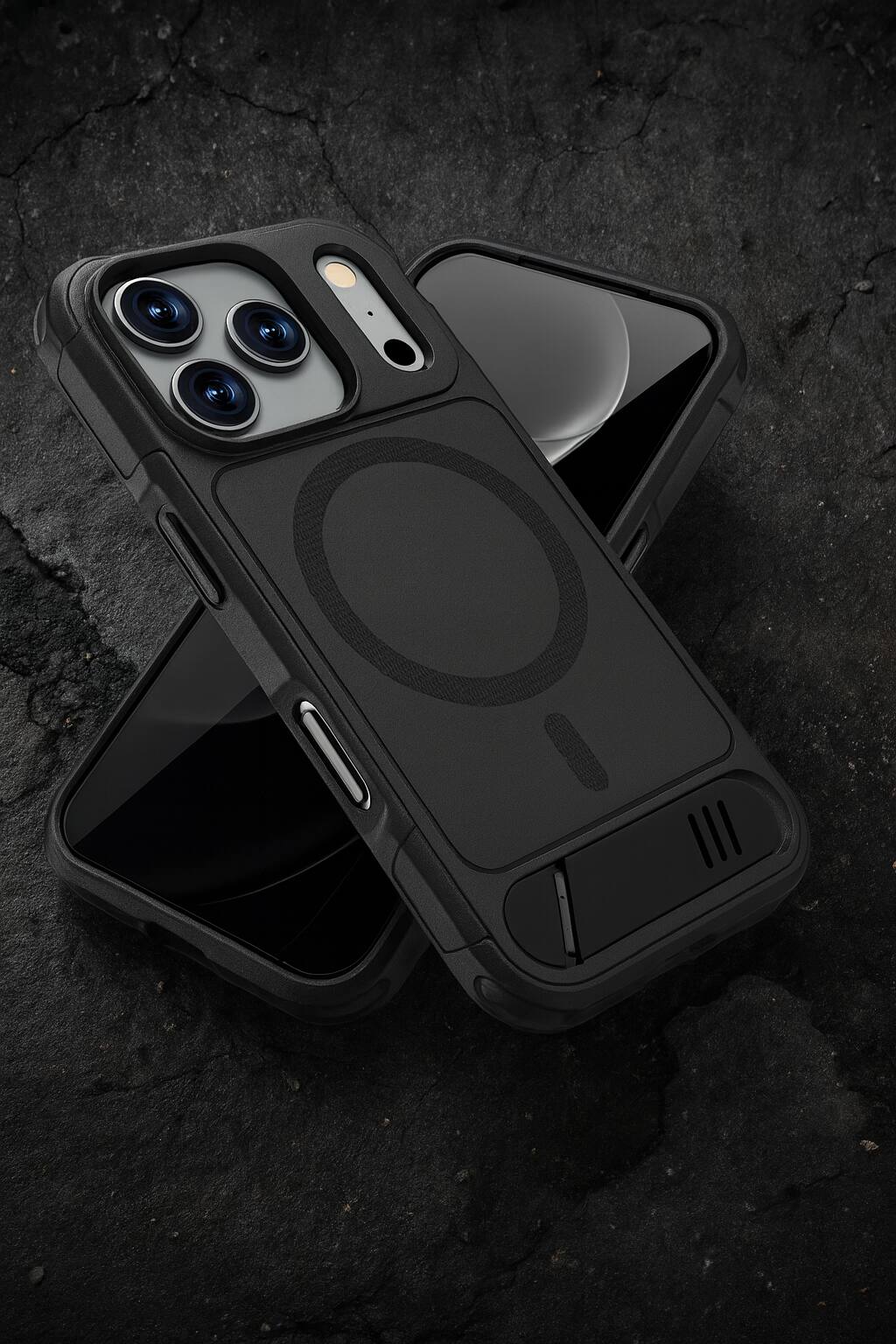 Left. SaharaCase - Apple iPhone 17 Pro Max Kickstand Case | Anti-Slip Grip | Compatible with Magsafe | Venture Series - Scorpion Black.
