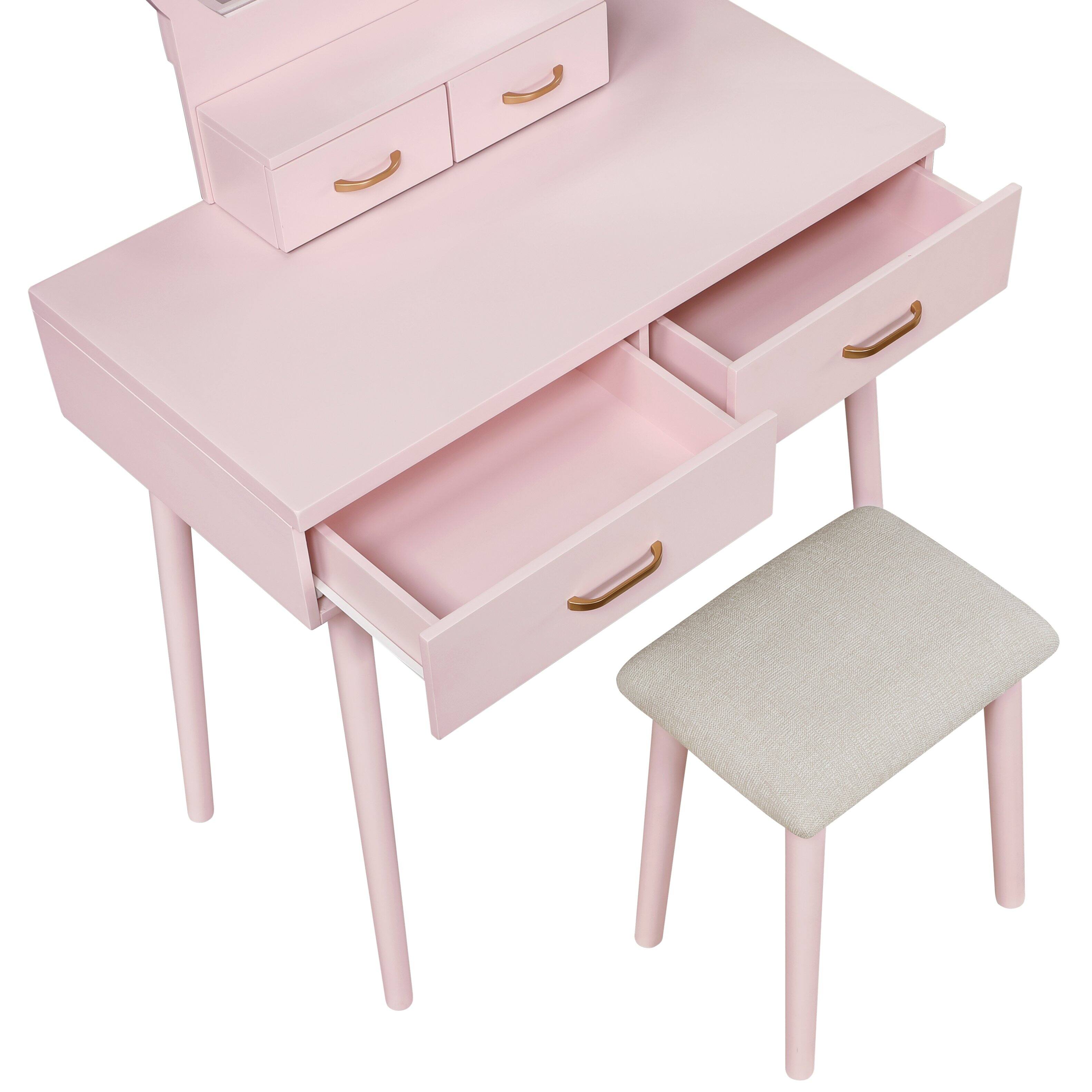 Alt View 1. APRILSOUL - Beautiful Pink Finish Vanity Dresser with Mirror and Stool Set Storage Drawers Bedroom Furniture 1pc - Pink.