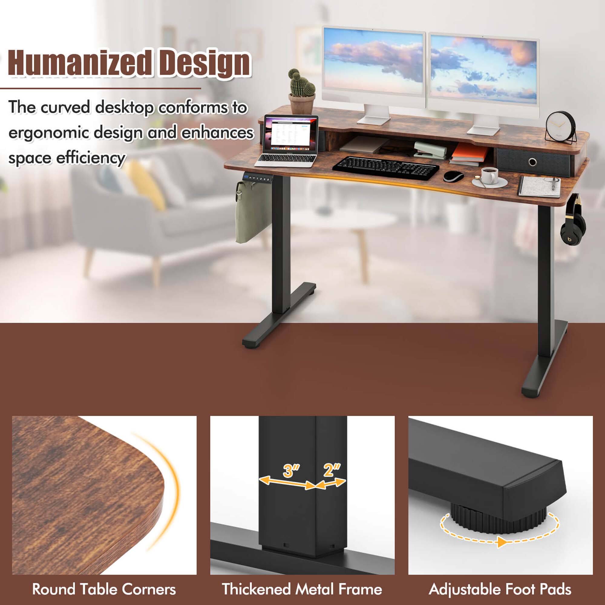 Humanized Design

The curved desktop conforms to ergonomic design and enhances space efficiency

Round Table Corners

Thickened Metal Frame

Adjustable Foot Pads

3" 2"