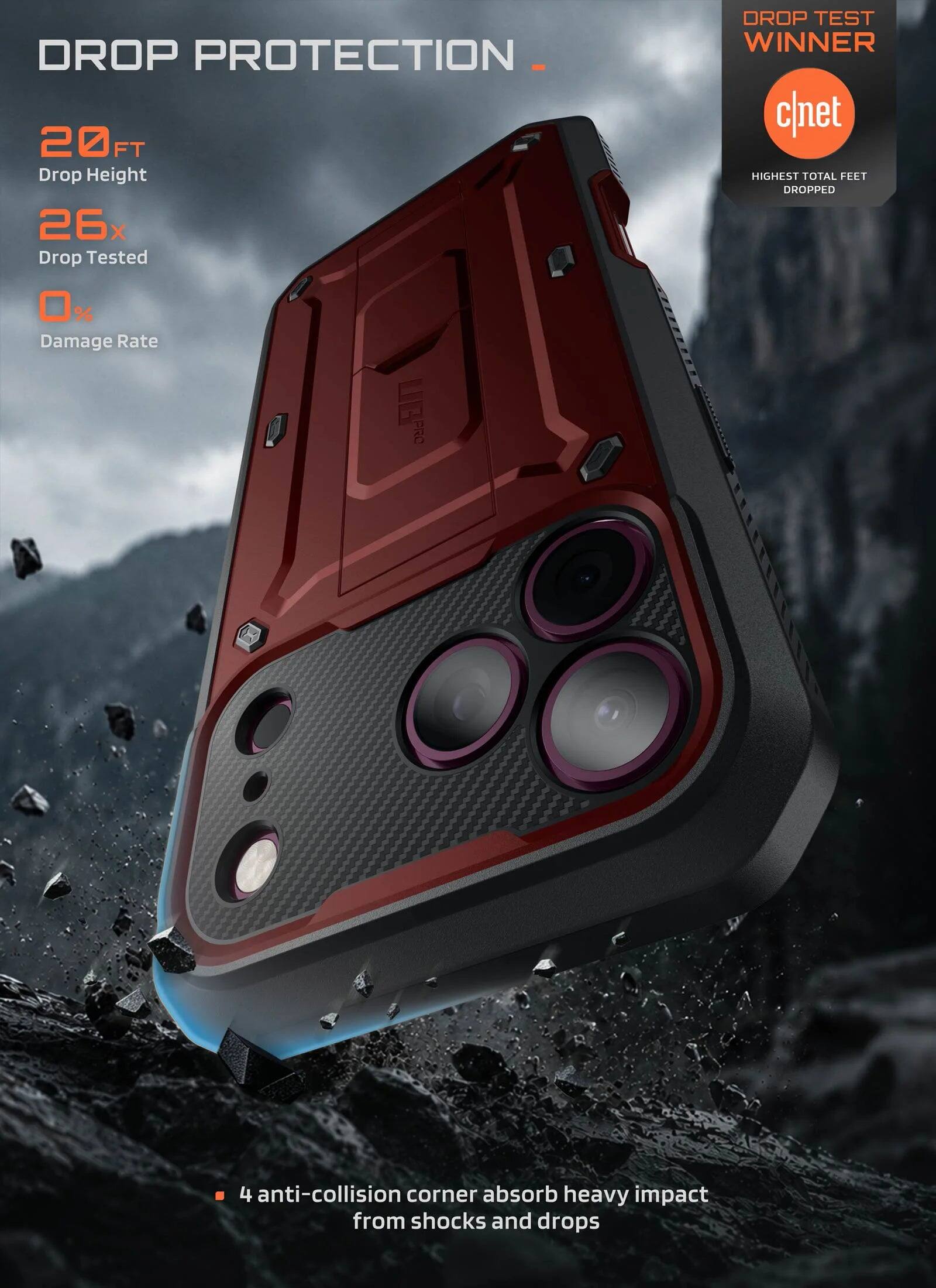 DROP PROTECTION  
20FT Drop Height  
26x Drop Tested  
0% Damage Rate  

DROP TEST WINNER  
c|net  
HIGHEST TOTAL FEET DROPPED  

4 anti-collision corner absorb heavy impact from shocks and drops