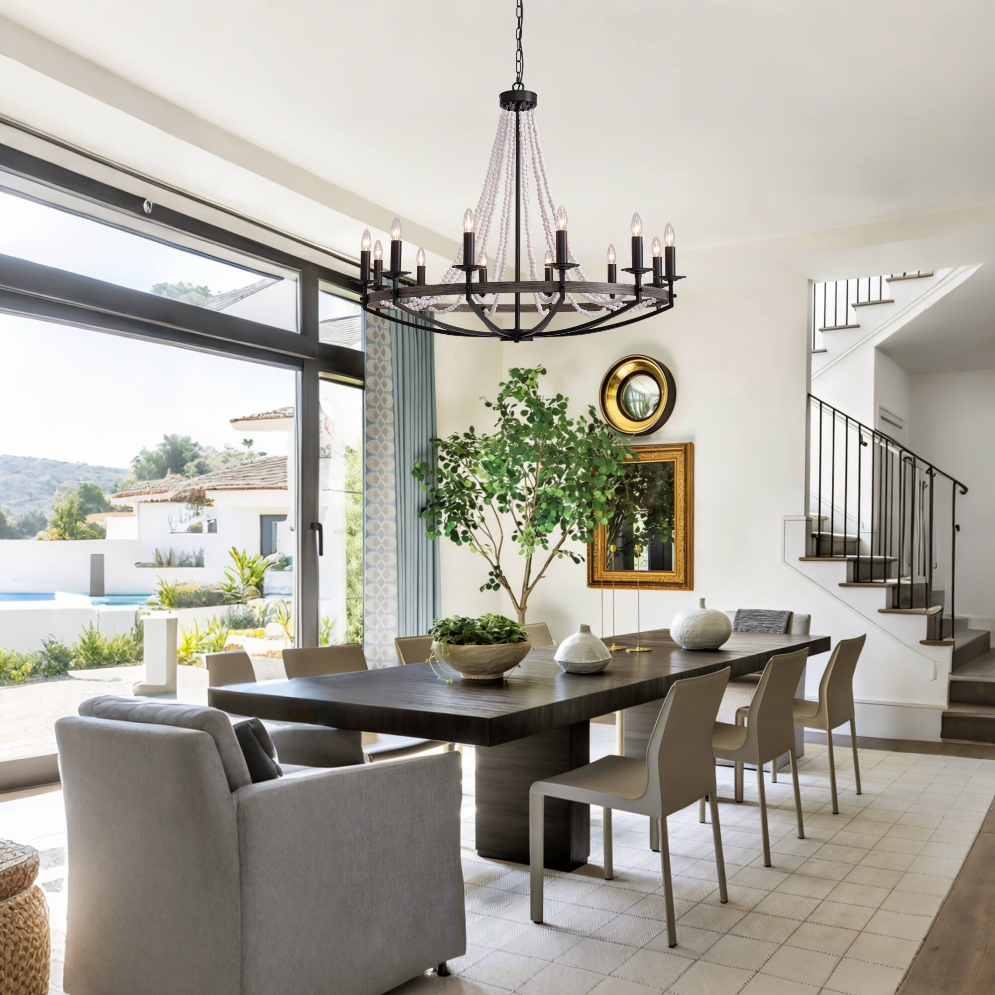 Alt View 5. Siljoy - 12-Light White Wood Bead Chandelier, E12 Bulb, Adjustable Height, Rustic Bohemian Pendant Light.