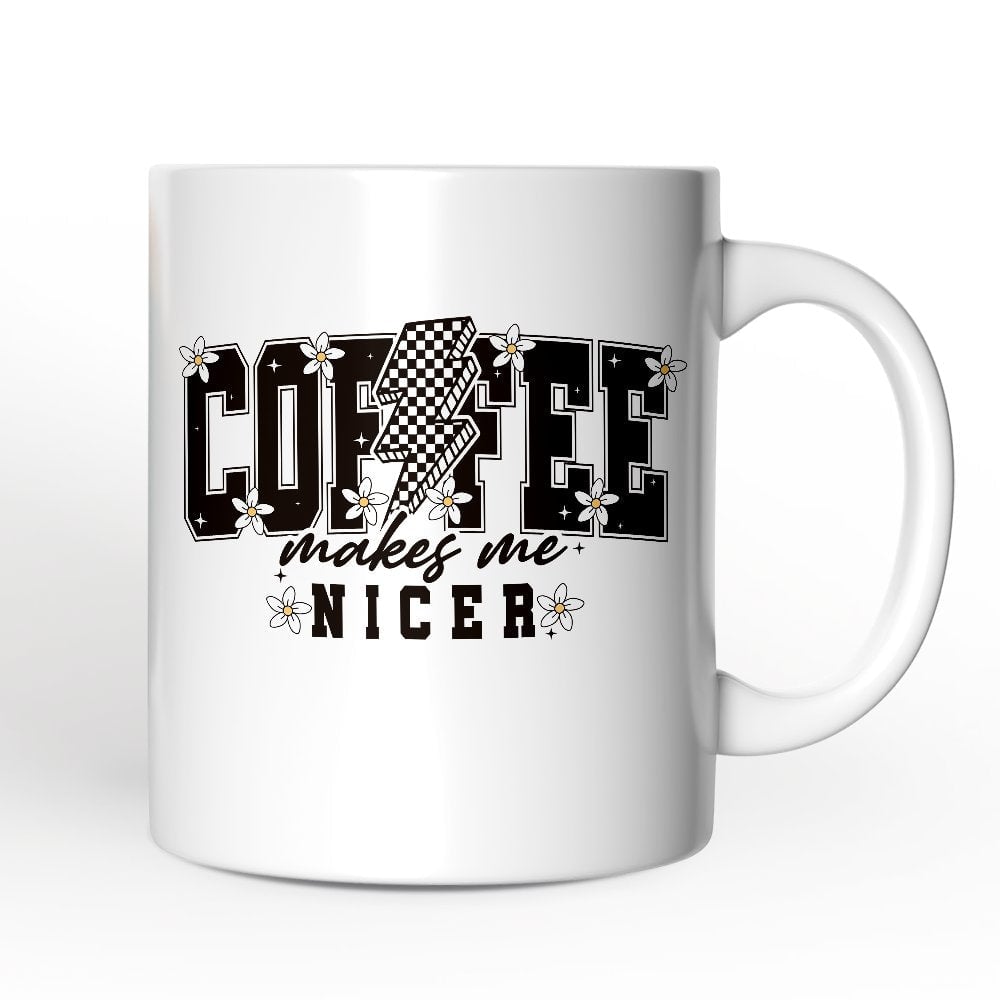 OrnamentallyYou - Coffee Makes Me Nicer Mug, Retro Caffeine Lovers Gift - White