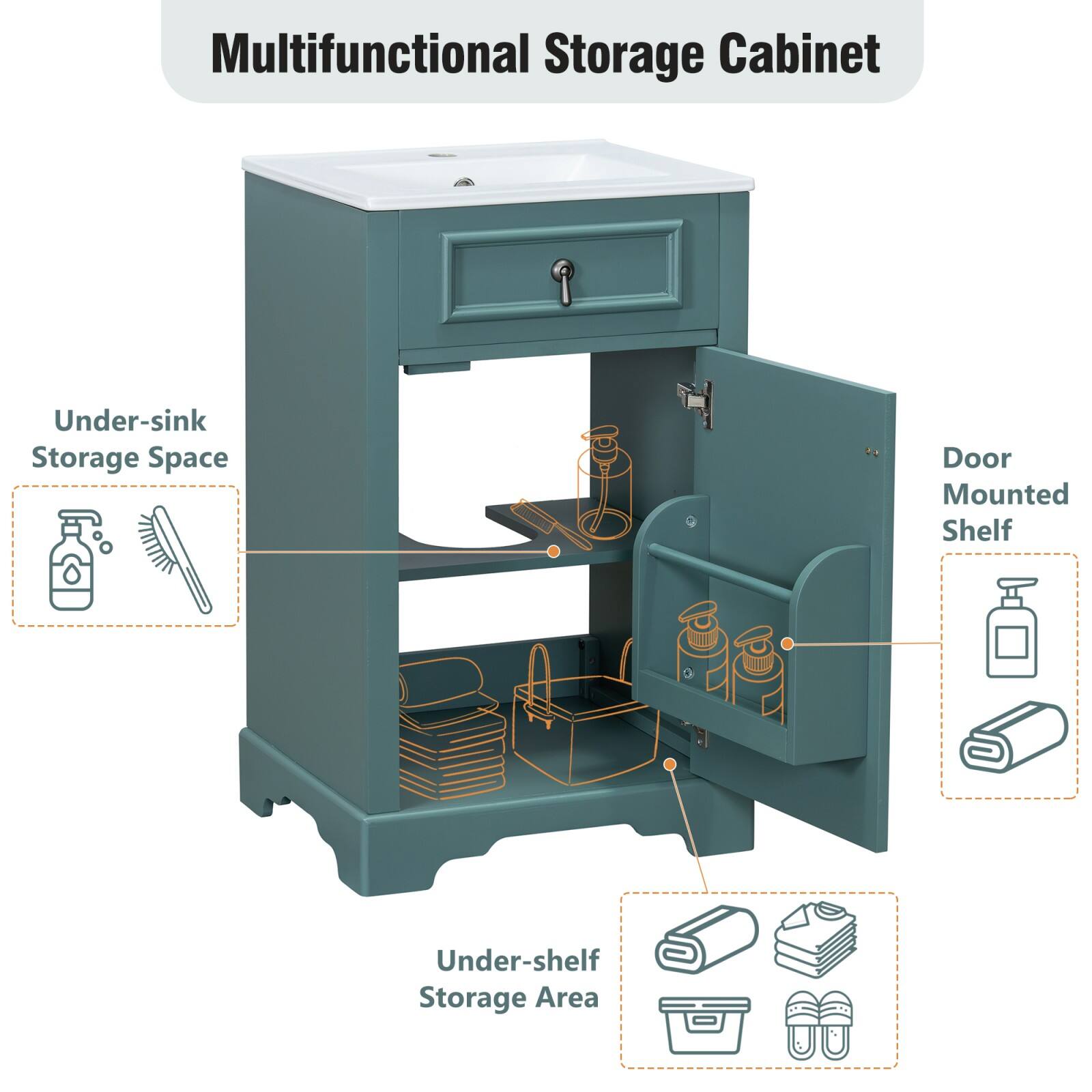 Multifunctional Storage Cabinet

- Under-sink Storage Space
- Door Mounted Shelf
- Under-shelf Storage Area