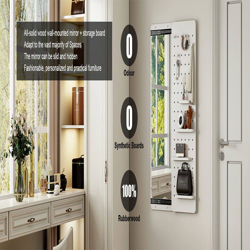 All-solid wood wall-mounted mirror + storage board  
Adapt to the vast majority of Spaces  
The mirror can be slid and hidden  
Fashionable, personalized and practical furniture  

0 Odour  
0 Synthetic Boards  
100% Rubberwood