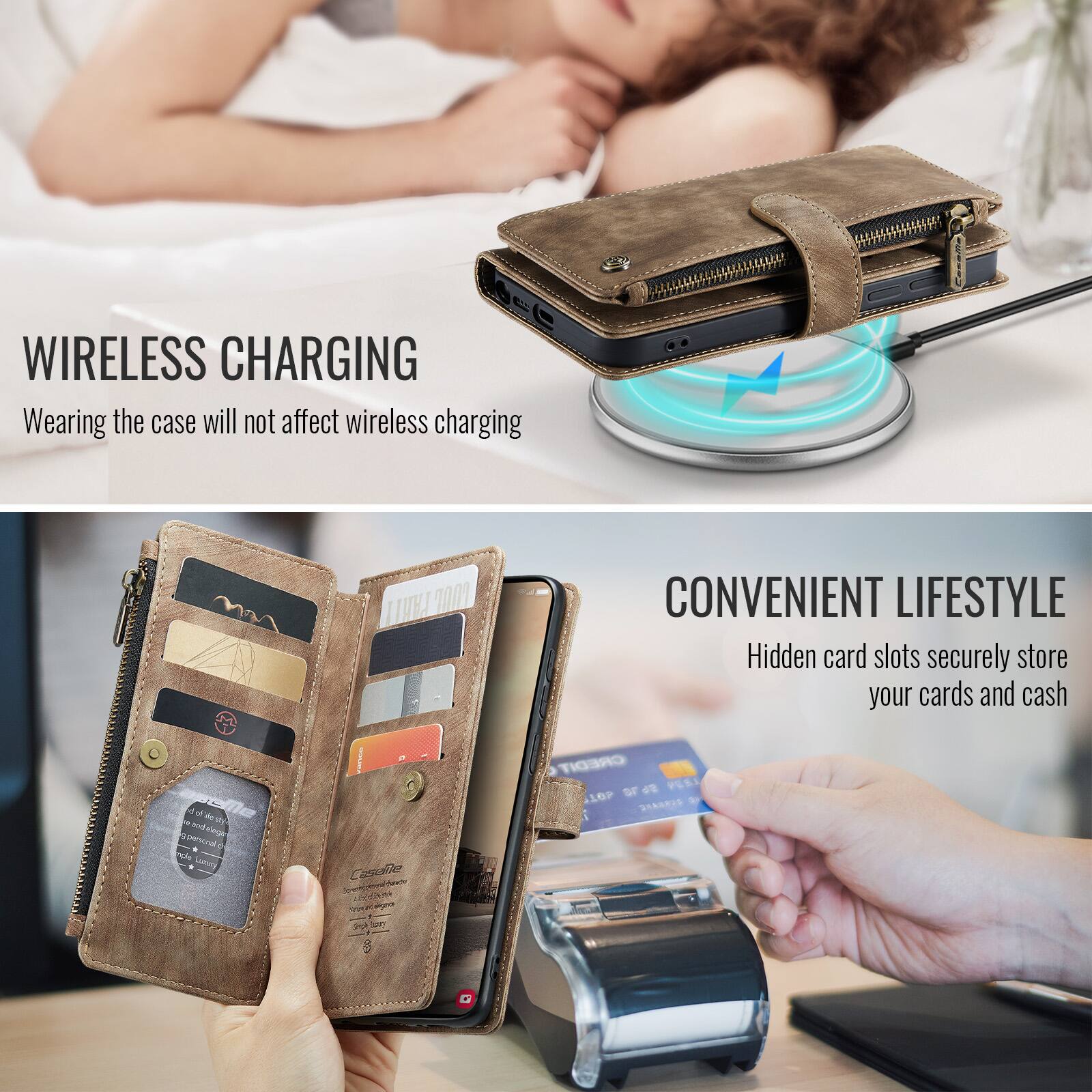 WIRELESS CHARGING  
Wearing the case will not affect wireless charging

CONVENIENT LIFESTYLE  
Hidden card slots securely store your cards and cash