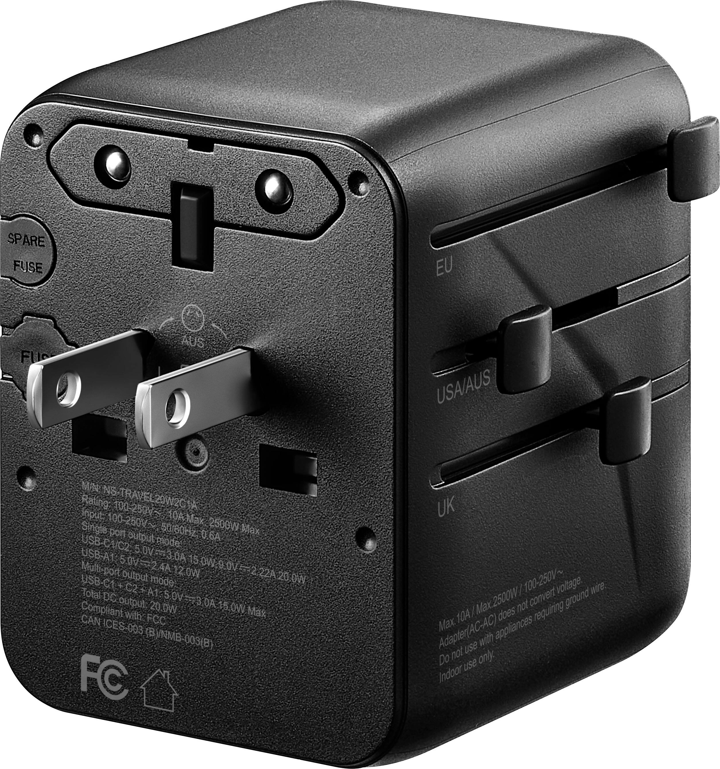Sure, here is the corrected and grouped text from the image:

---

**SPARE FUSE**

**EU**  
**USA/AUS**  
**UK**

**MN-NS TRAVEL20W20**  
Rating: 100-250V~ 10A Max  
Input: 100-250V~ 10A Max  
Output: 2500W Max  
USB-C1/C2: 5.0V 3.0A  
USB-A1: 5.0V 3.0A  
Multi-port: 4A 9V  
Total DC C2+A output: 20W  
Compliant with: FCC ICES-003, CAN ICES-003, BSMI NB-003(B)  

**Max 10A / 2500W / 100-250V~**  
Adapter(AC-AC) does not convert ground wire.  
Do not use with appliances requiring ground wire.  
Indoor use only.  

---

This text is organized to reflect the information on the power adapter, including the fuse, region-specific plugs, model details, ratings, and compliance information.