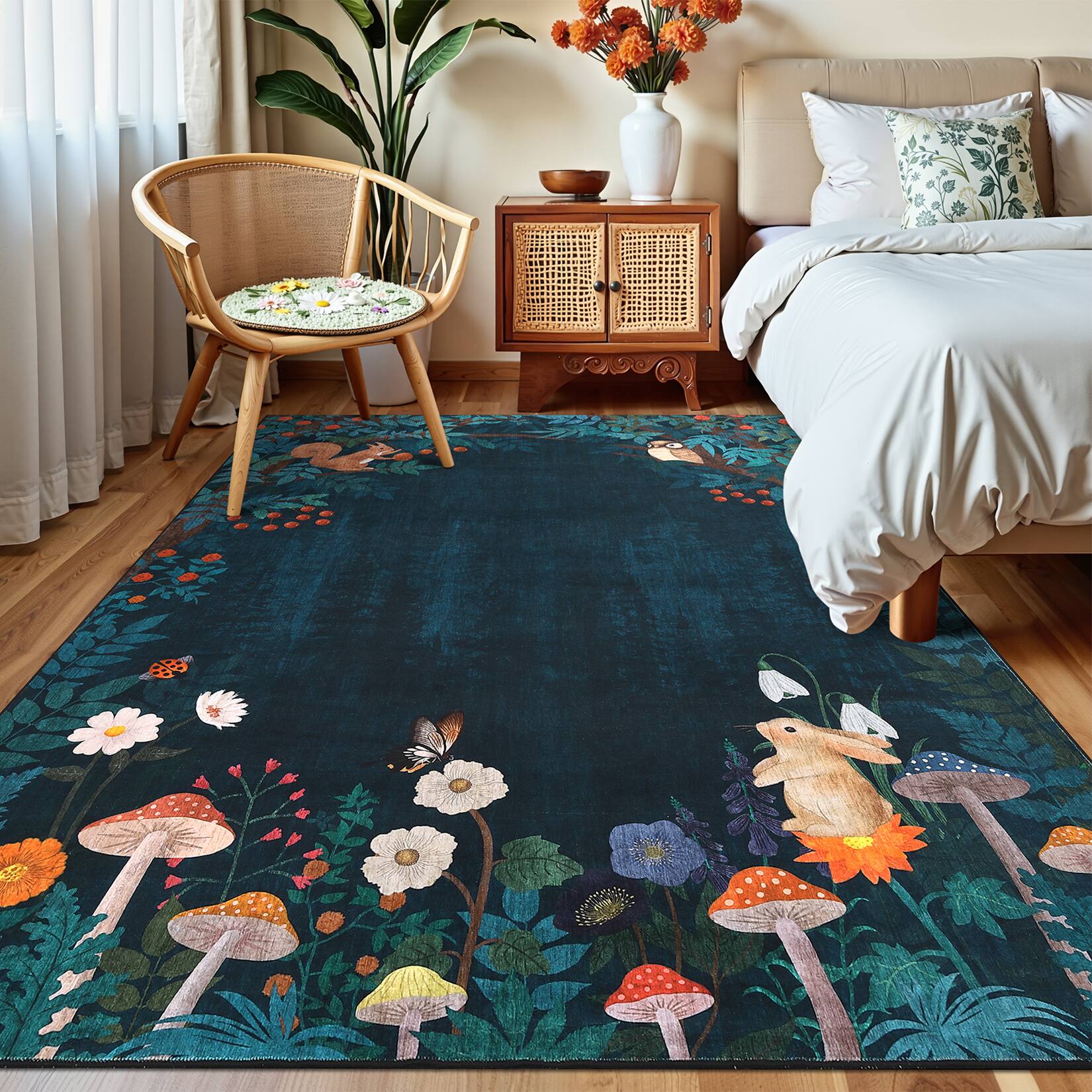Back. Jojoka - Retro Fairy Tale Area Rug Botanical Print Machine Washable Non Slip Floor Cover for Nurseries & Bohemian Bedrooms - Blue Green.