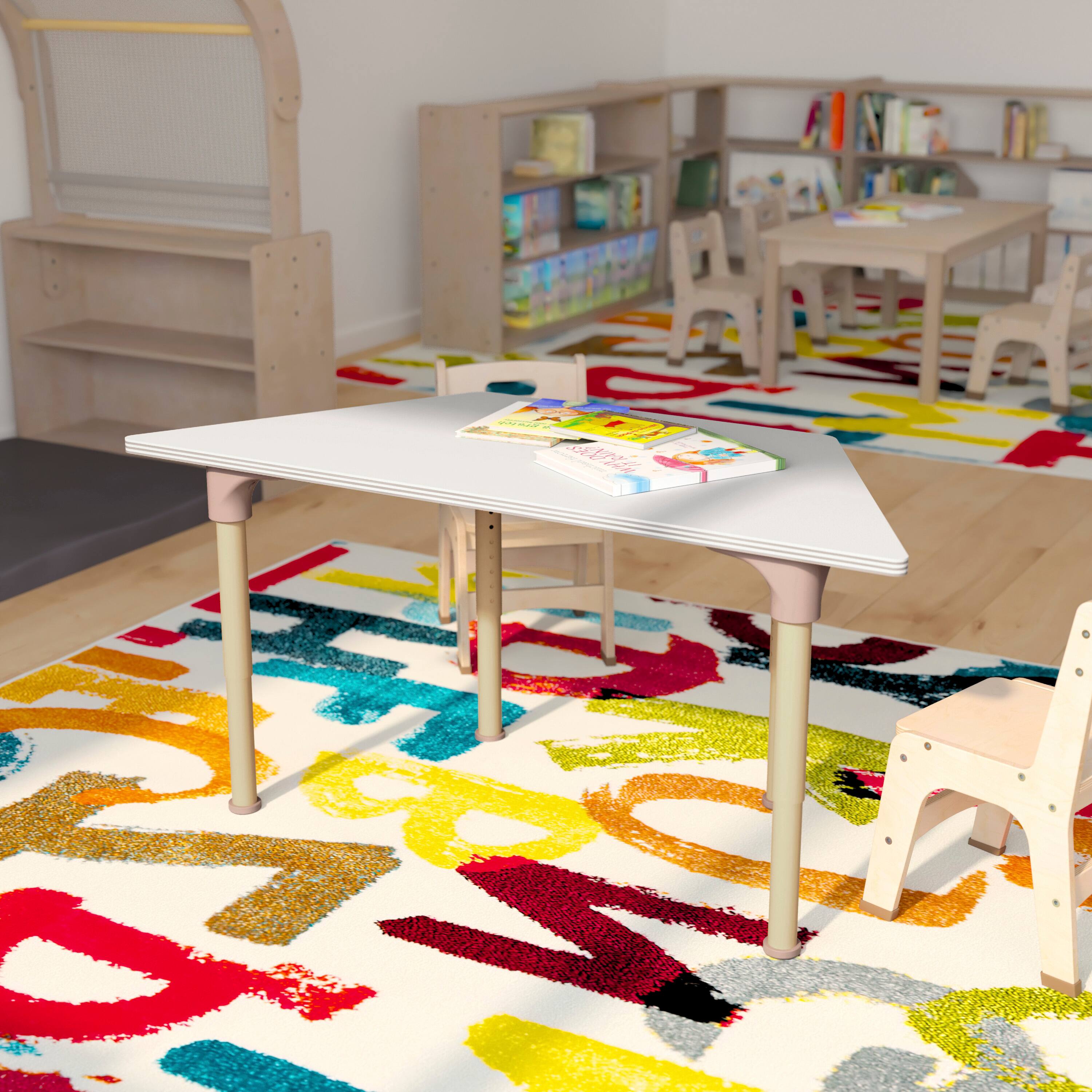 Alt View 2. Flash Furniture - Bright Beginnings 47" Commercial Grade Wooden Trapezoid Adjustable Height Classroom Activity Table - Metal Legs Adjust F - White.