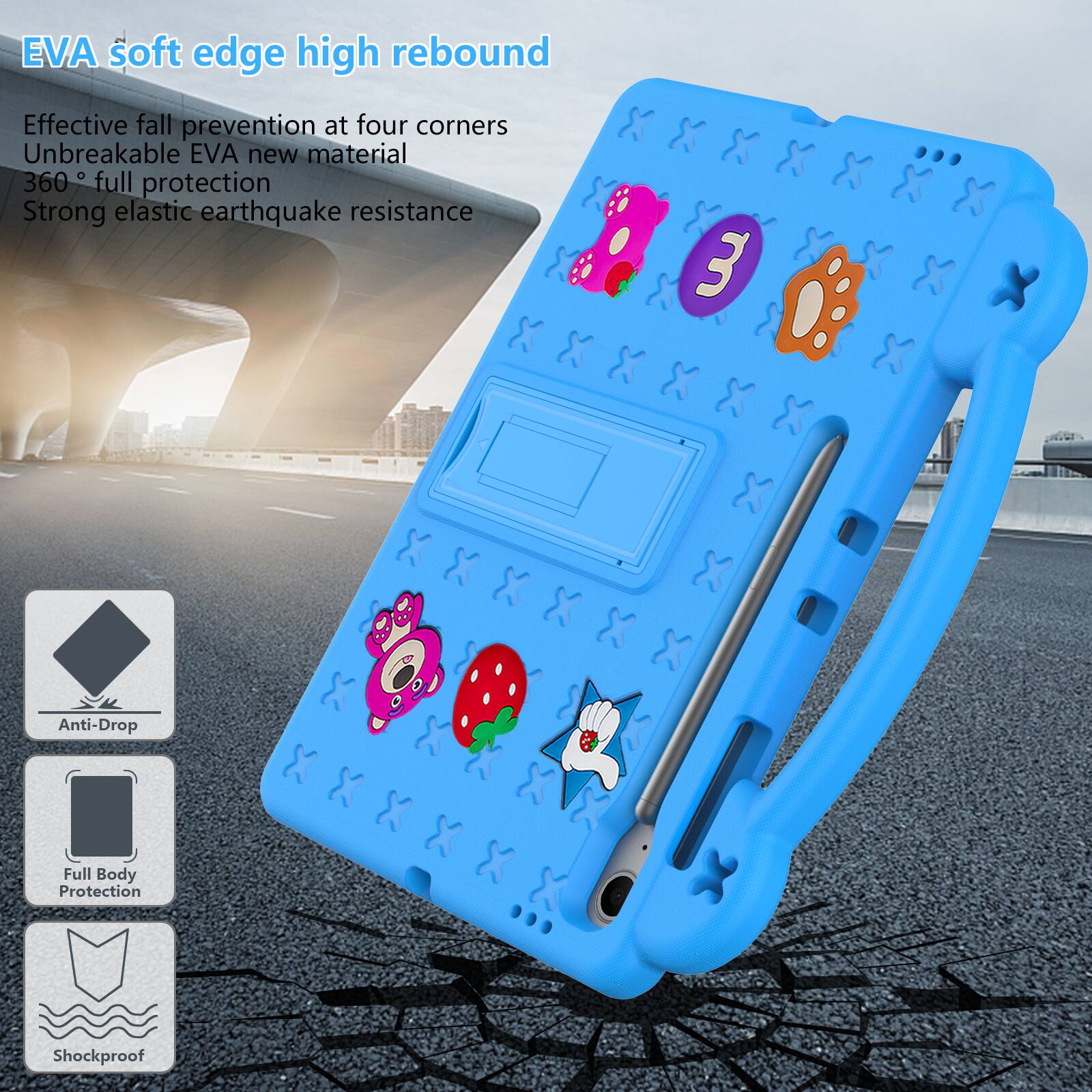 EVA soft edge high rebound  
Effective fall prevention at four corners  
Unbreakable EVA new material  
360° full protection  
Strong elastic earthquake resistance  
Anti-Drop Full Body Protection Shockproof
