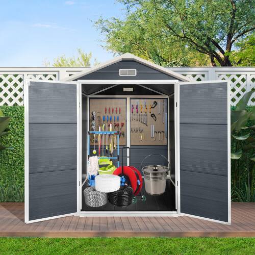 Angle. Anysun - 6x6ft Plastic Outdoor Storage Shed with Floor & Lockable Door, Waterproof Garden Tool Shed for Backyard or Lawn - Cold Grey.