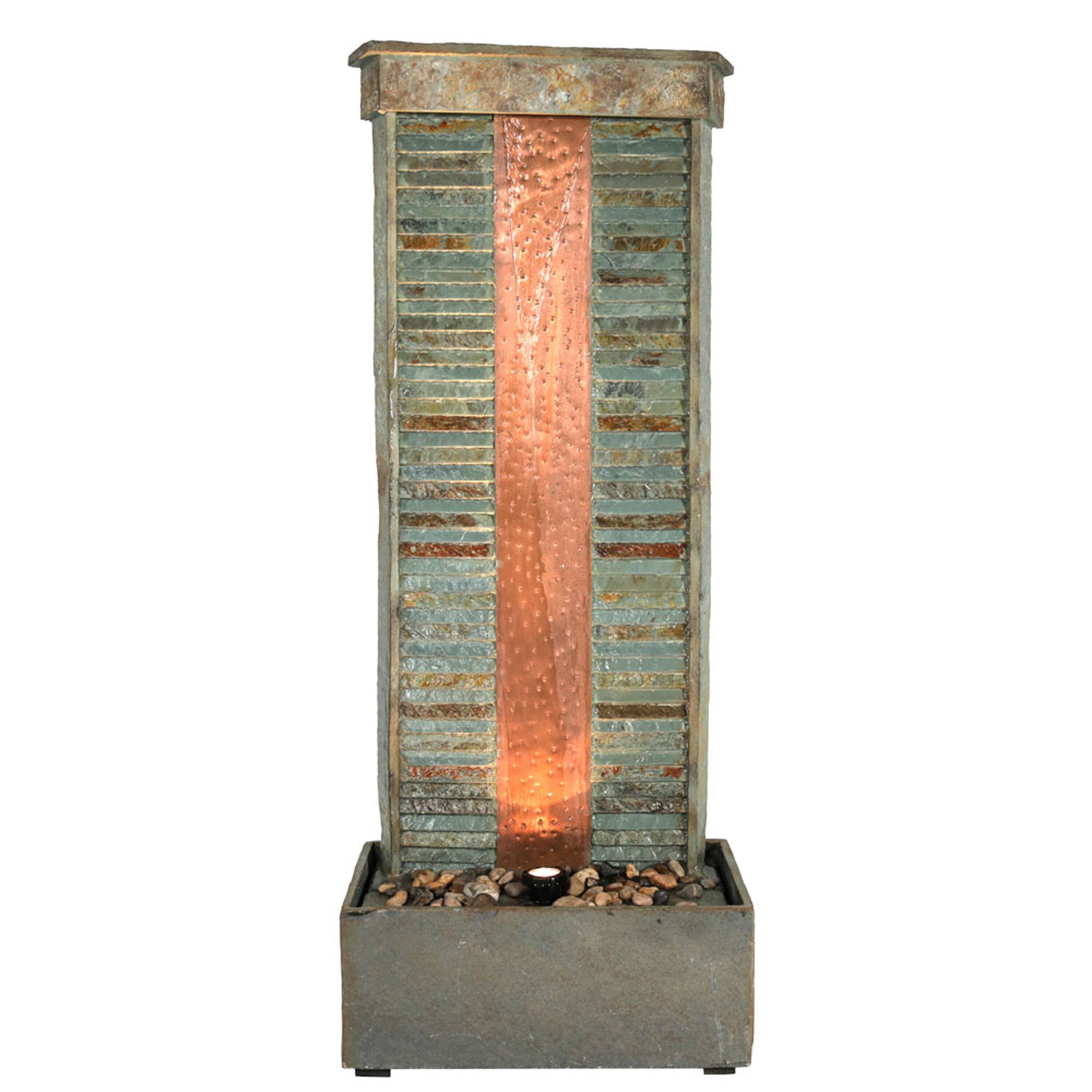 Alt View 5. Sunnydaze - Rippled Slate Indoor Water Fountain with LED Light - 48 in - Grey.