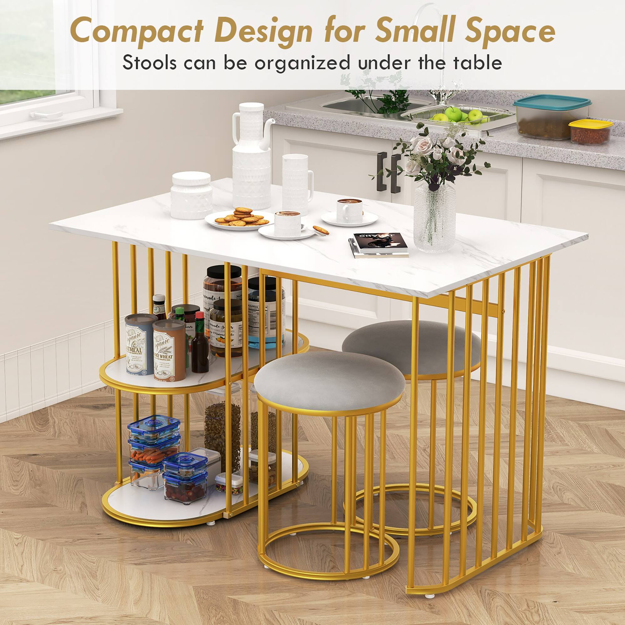 Compact Design for Small Space  
Stools can be organized under the table