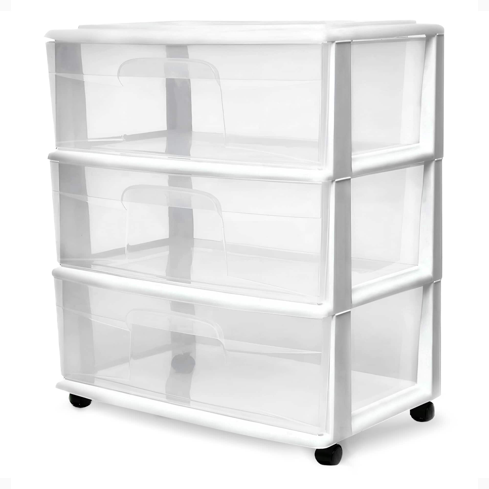 Homz - Plastic 3 Clear Drawer Small Rolling Storage Container Tower, White Frame