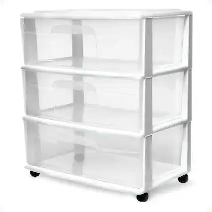 Front. Homz - Homz Plastic 3 Clear Drawer Small Rolling Storage Container Tower, White Frame.