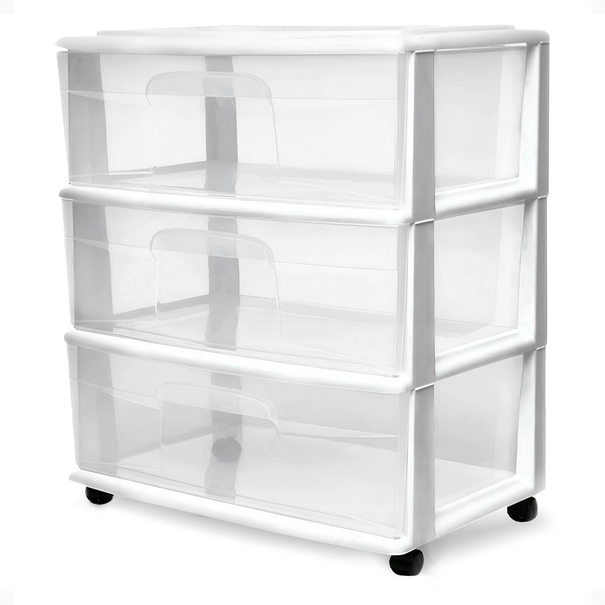 Front. Homz - Homz Plastic 3 Clear Drawer Small Rolling Storage Container Tower, White Frame.
