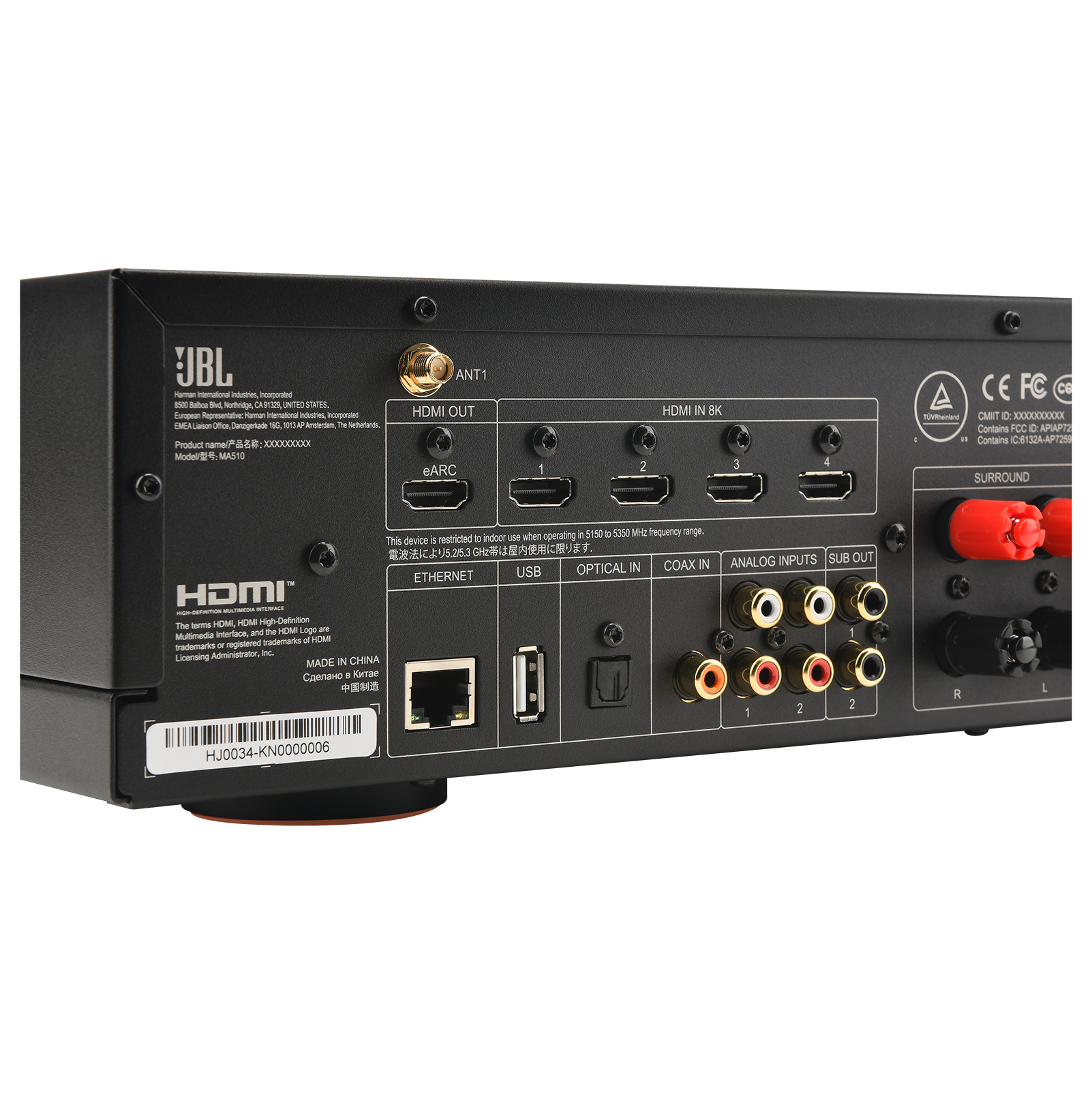 JBL - - - repeated - Salee - - - Into noth_ Enton - - - Int - MA - Crtgeta - 1054 A Tte Seffertds Product name C XXXXXXXXXXX Model/ MASTER ANT1 HDMI OUT eARC 1 2 HDMI IN BK 3 4 CE FC CB n CMIT O 0XXXXXXXXXXX Contains B O APIAT2 - Contains CET32 SURROUND when operating 2 Dene a 5360 M2 frequency rangs. This dervica a reutricted g indcor e 5.26.3 GH OPTICAL IN COAX 2 ETHERNET USB - HOMI - - - ihe - OM HOM migh gf-Detinition - - HOM Lape .. Multimedia Intertann rademarks a HOM tademaria - registered Administrator - Licensing IN CHINA MADE  1 K   ANALOG INPUTS SUB OUT 1 2 2 - A L HJ0034-KN0000006