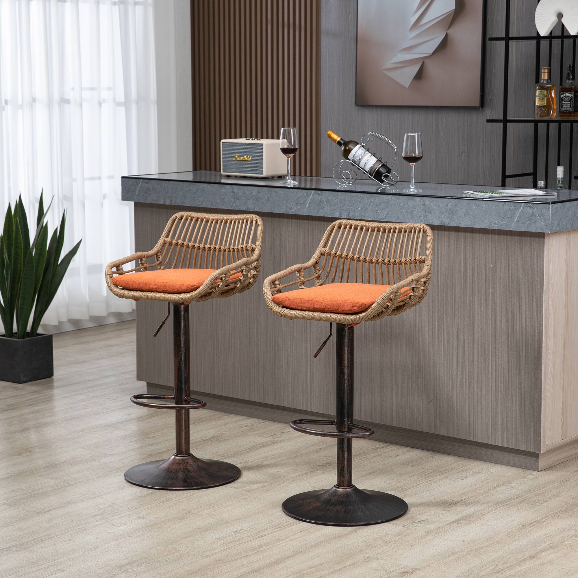 Alt View 1. Trinkets Crazed - Rattan Bar Stools Set of 2, Adjustable Barstools with Linen Cushion, 360° Swivel Bar Stool for Kitchen and Bar - Orange.