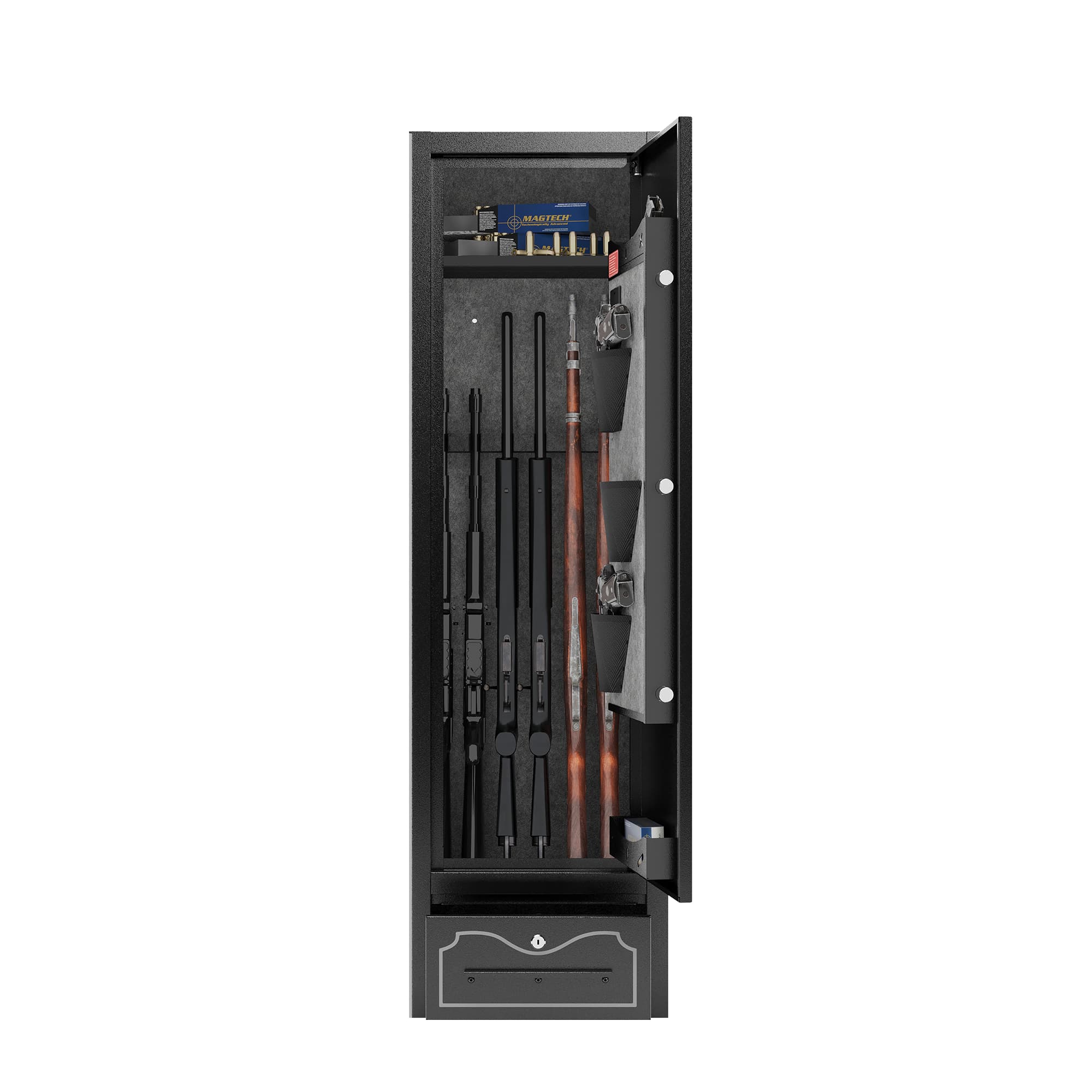 Angle. Lycvki - 8 Gun Digital Rifle Safe with Removable Shelf and Locking Storage Drawer.