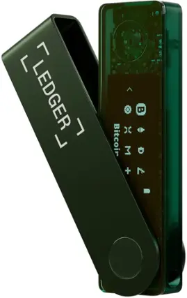 The text on the image reads "LEDGER L" and "Bitcoin."
