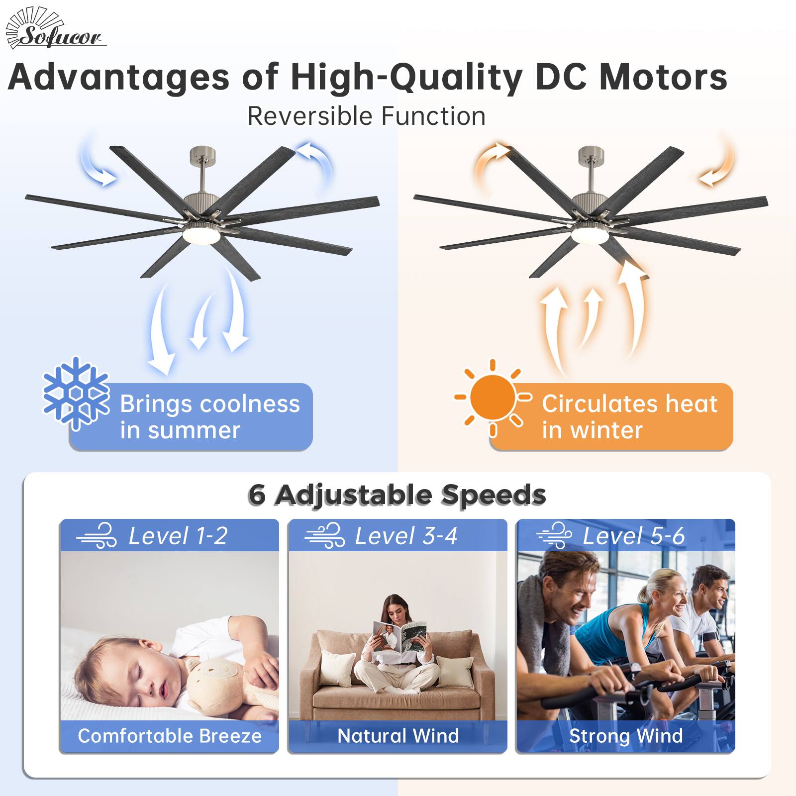 Advantages of High-Quality DC Motors  
Reversible Function  
Brings coolness in summer  
Circulates heat in winter  

6 Adjustable Speeds  
Level 1-2: Comfortable Breeze  
Level 3-4: Natural Wind  
Level 5-6: Strong Wind