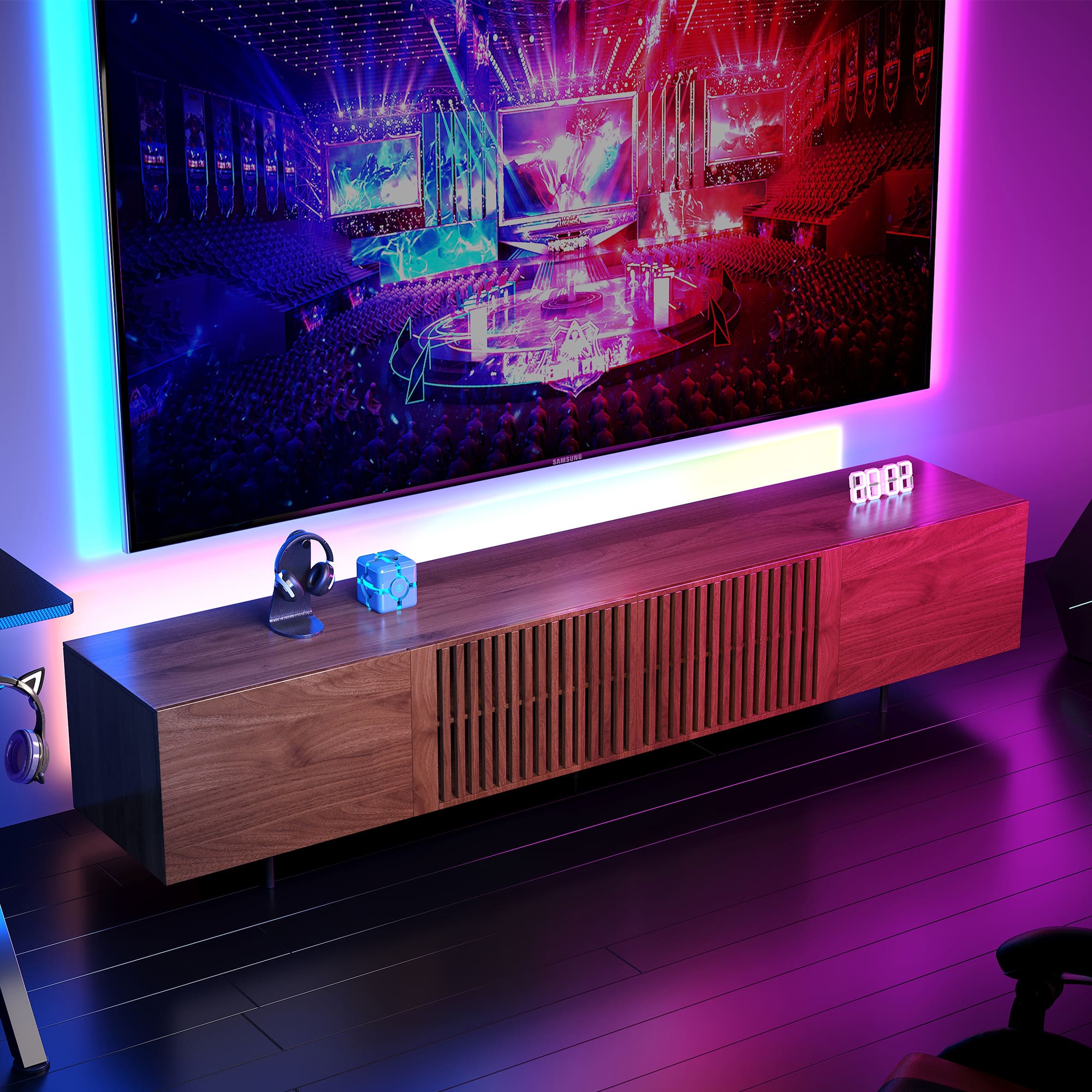 Front. luck idea - 94.48" Walnut Grain TV Stand (Oversized) | Living Room Entertainment Center - Open Storage + Cable Organization - Walnut Color.