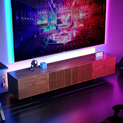 Front. luck idea - 94.48" Walnut Grain TV Stand (Oversized) | Living Room Entertainment Center - Open Storage + Cable Organization - Walnut Color.