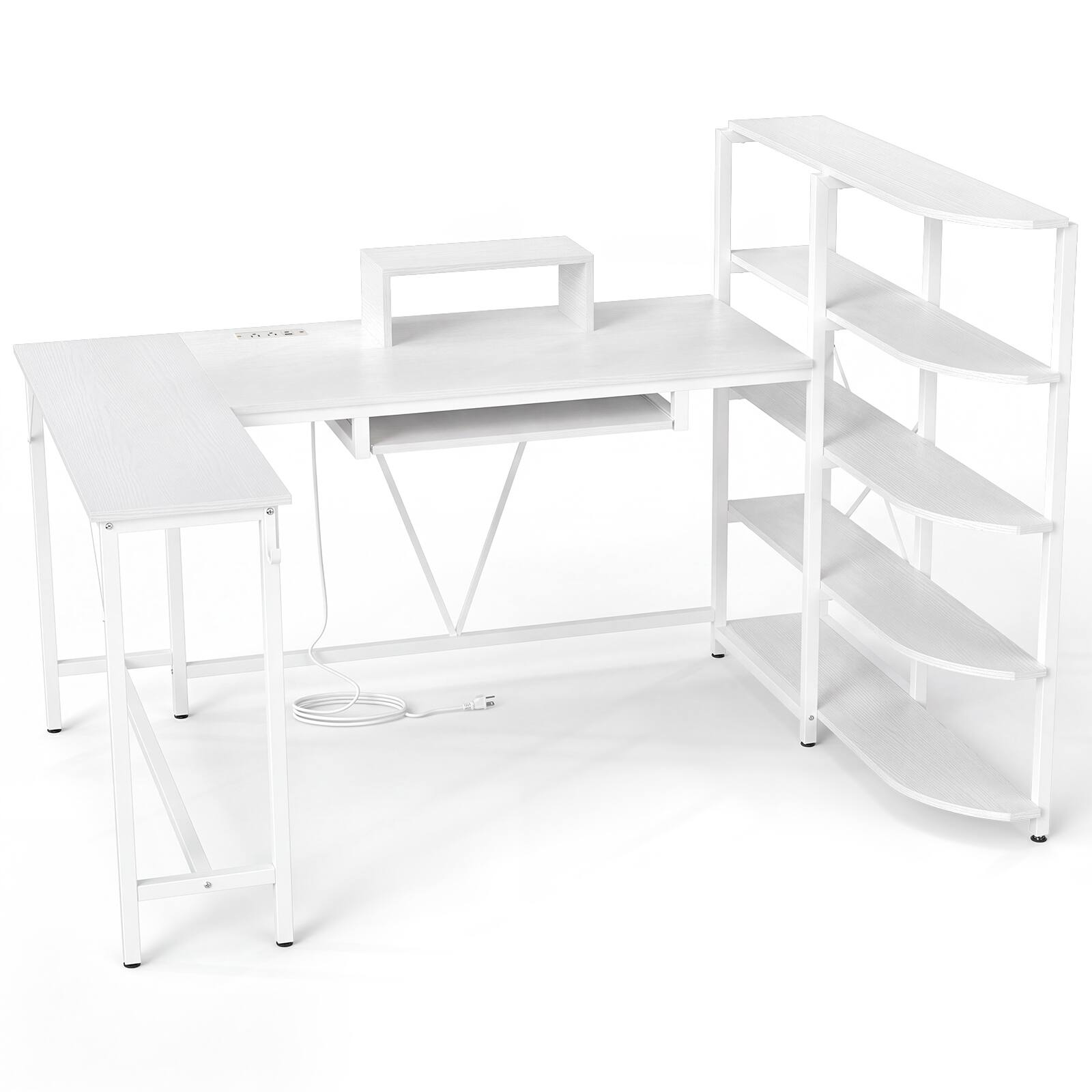 Alt View 9. Costway - Costway 63" U-shaped Computer Desk with Power Outlets, 5-Tier Bookshelf, Monitor Stand - White.