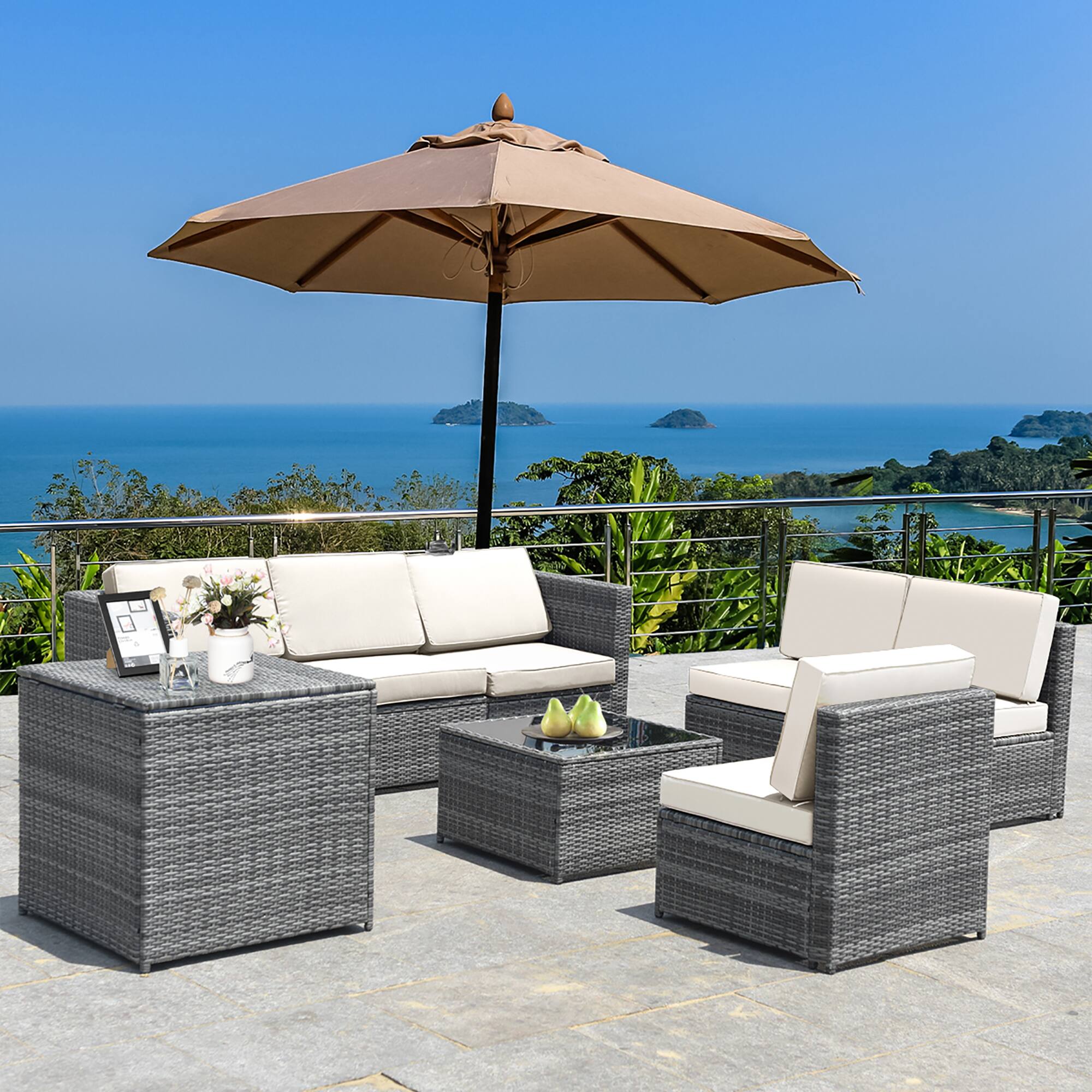 Alt View 4. Costway - 8 PCS Wicker Sofa Rattan Furniture Set Patio Furniture w/ Storage Table - White.