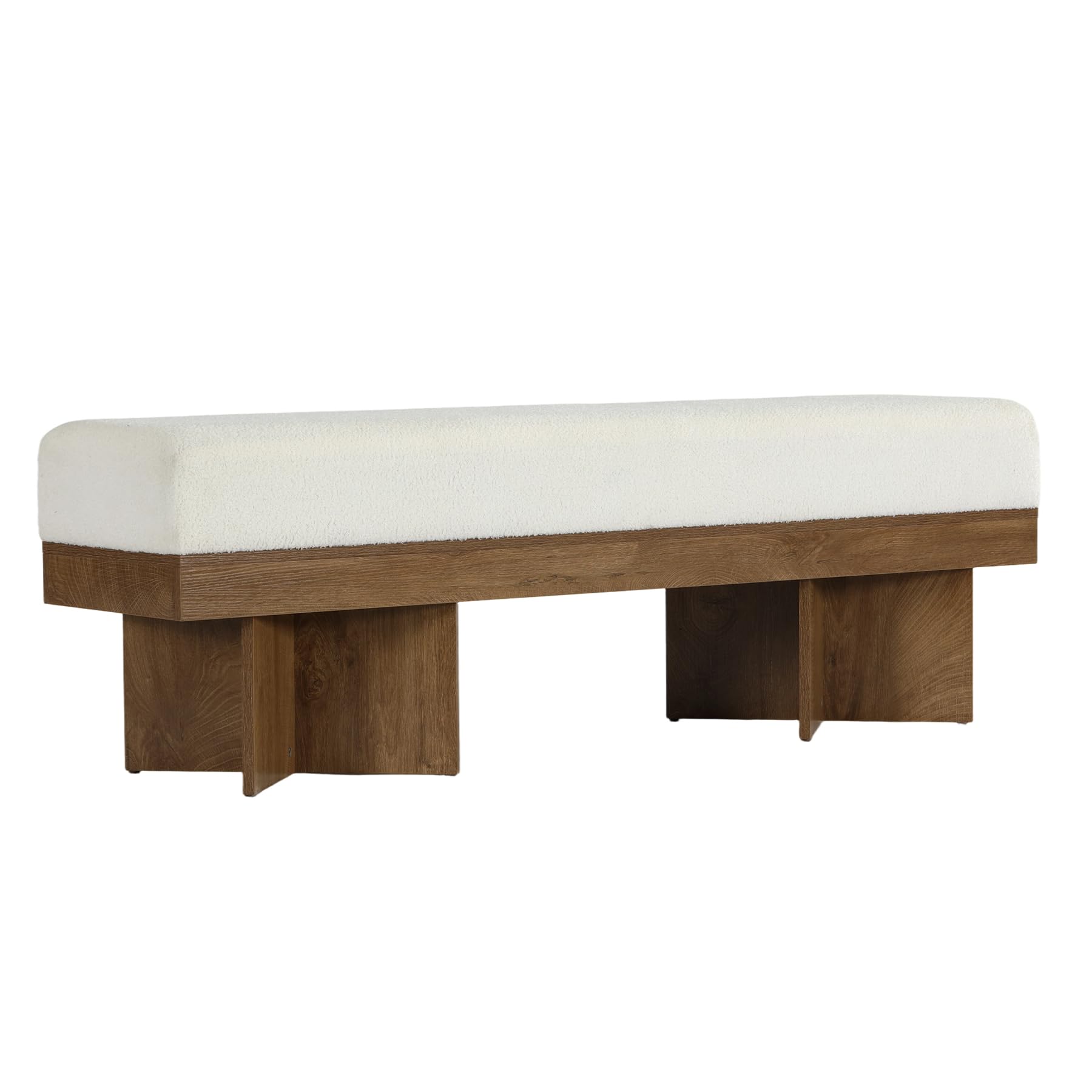 Alt View 6. Tribesigns - LITTLE TREE 55" Entryway Bench with Faux Lamb Wool, Upholstered Bench with X-Legs, for Living Room, Bedroom, or Foyer (W - White and Light Walnut.
