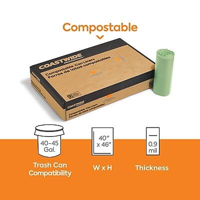 Compostable  
COASTWIDE  
Compostable Can Liners  
Forros de latas compostables  

40-45 Gal.  
Trash Can Compatibility  

40" x 46"  
W x H  

0.9 mil  
Thickness