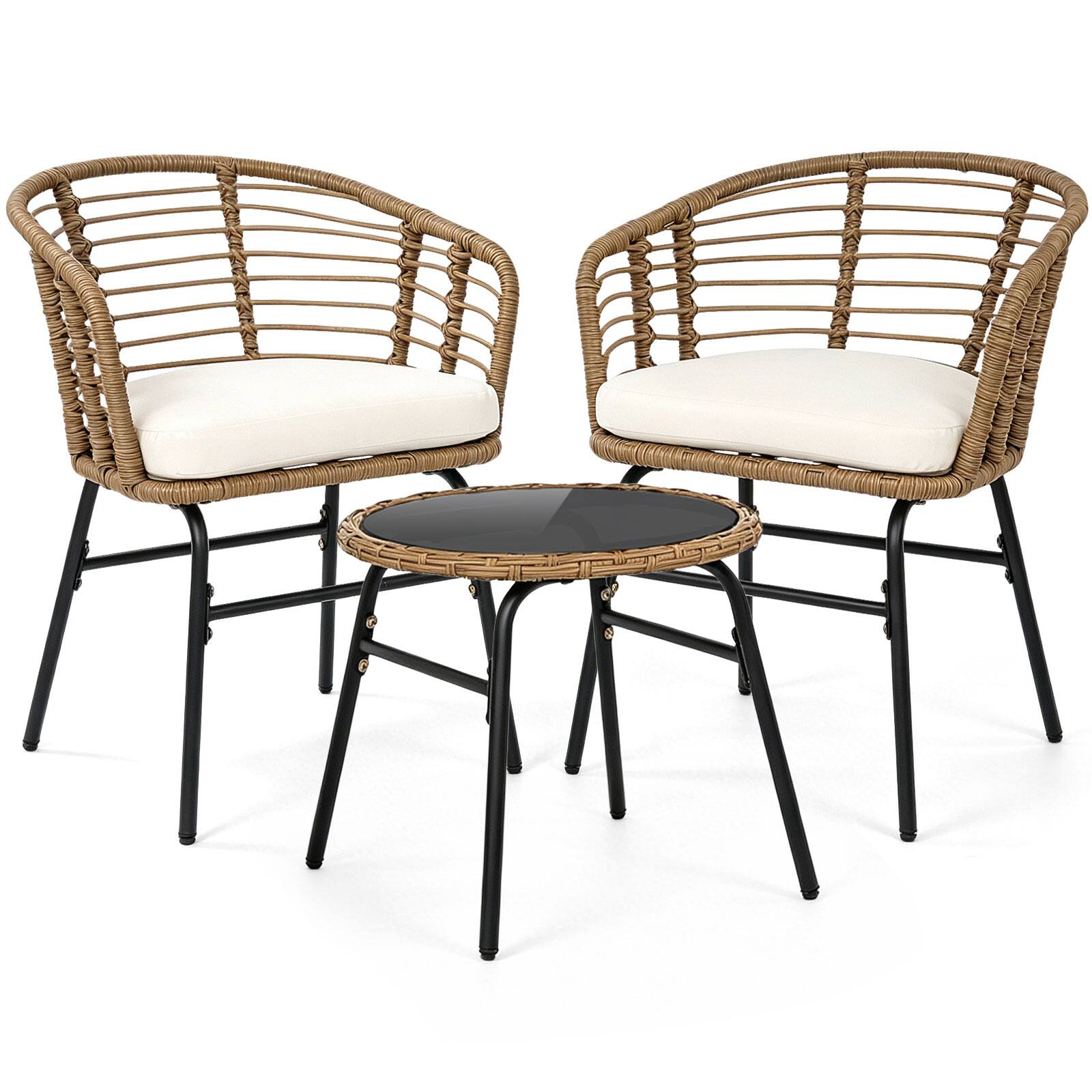 Alt View 9. Costway - Costway 3 Pieces Patio Furniture Set with Tempered Glass Coffee Table and Soft Cushions - Natural, Off White.