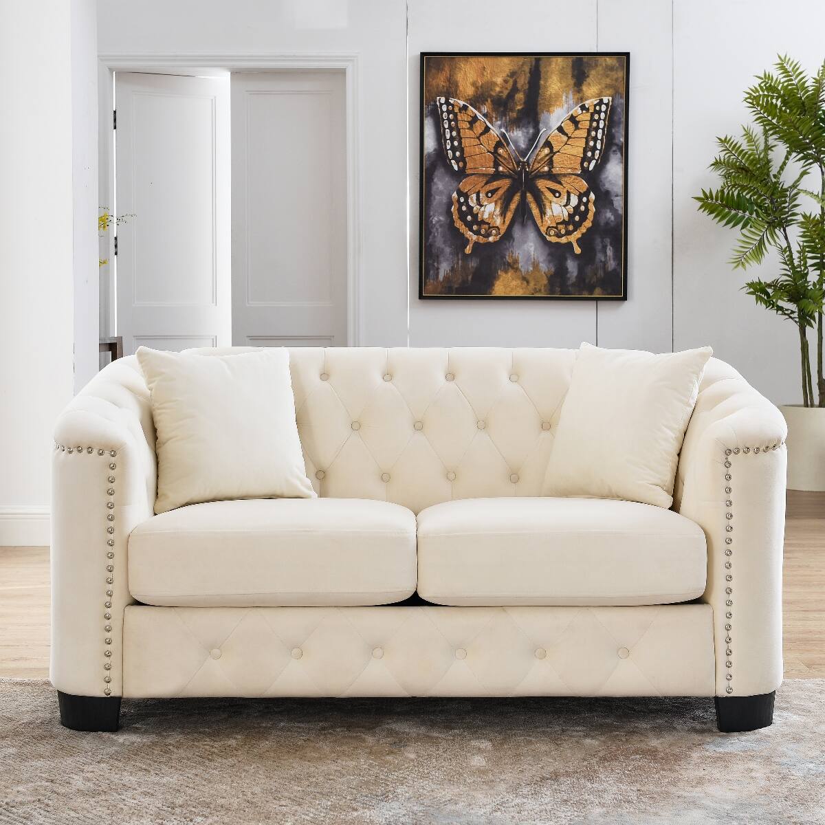 Front. Ropilly - Ropilly 59 Inch Chesterfield Velvet Sofa Beige Tufted Loveseat with Nailhead Arms and Two Cushions - Beige.