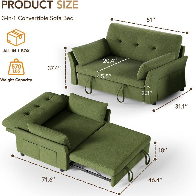 PRODUCT SIZE: 3-in-1 Convertible Sofa Bed  
- ALL IN 1 BOX  
- Weight Capacity: 570 LBS  
- Dimensions: 51" x 37.4" x 20.4" x 5.5" x 2.3" x 31.1" x 18" x 71.6" x 46.4"