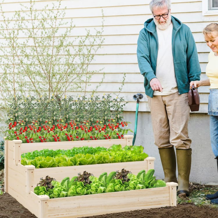 Mondawe - 3 Tier Elevated Wooden Garden Bed for Vegetables Herbs and Flowers with Step Design - Light/Pastel Brown