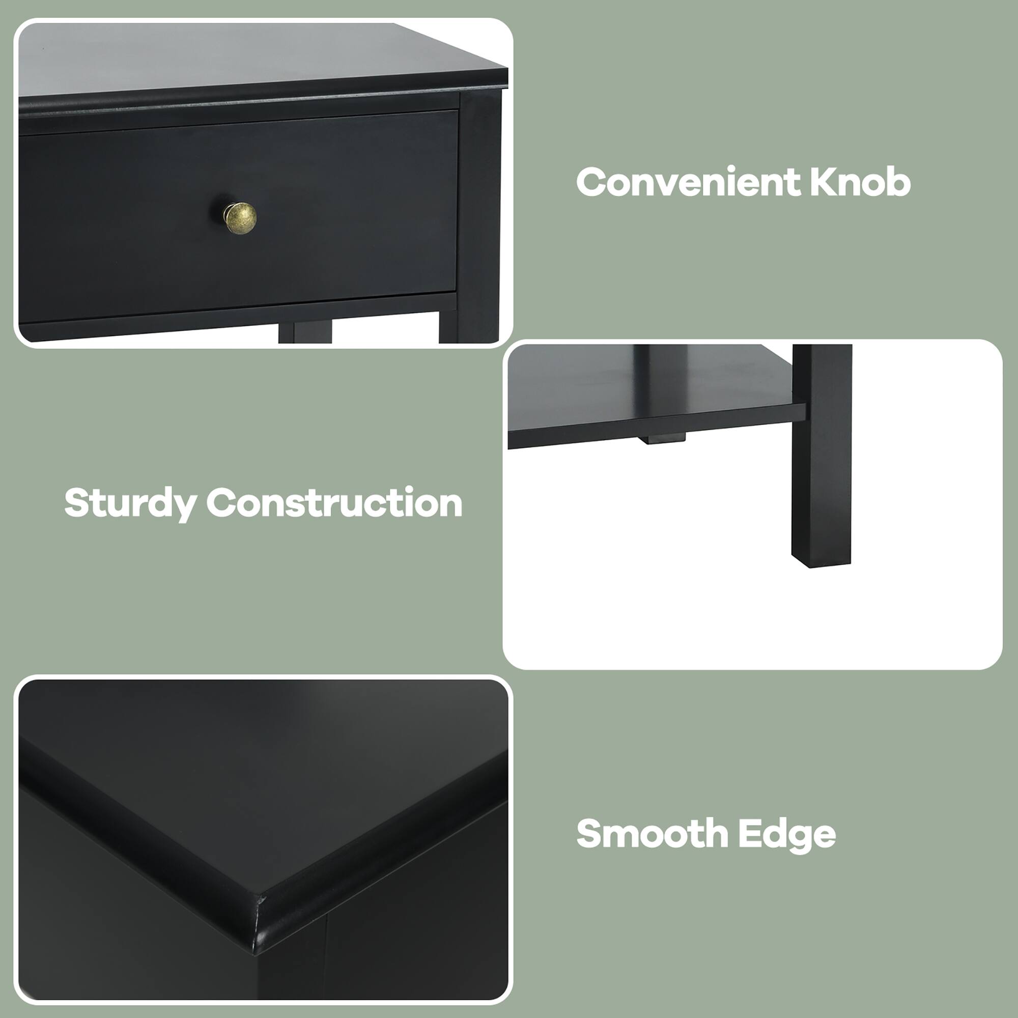 The text on the image is grouped as follows:

1. Convenient Knob
2. Sturdy Construction
3. Smooth Edge