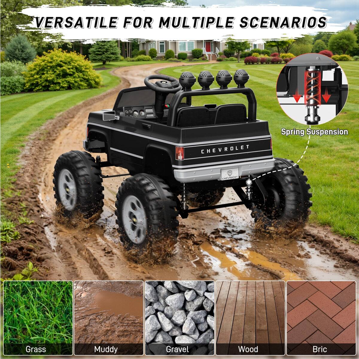 VERSATILE FOR MULTIPLE SCENARIOS  
CHEVROLET  
Spring Suspension  
Grass  
Muddy  
Gravel  
Wood  
Brick