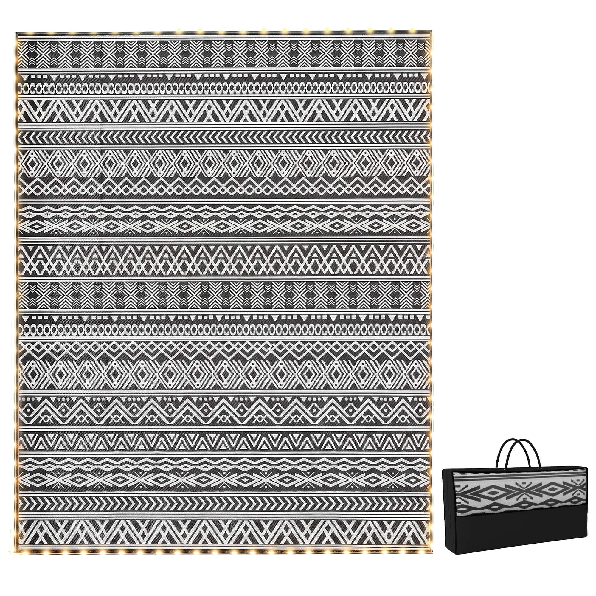 Outsunny - Rug Carpet with USB Lights Reversible Patio Rug with Carry Bag for Camping 10' x - Black, White