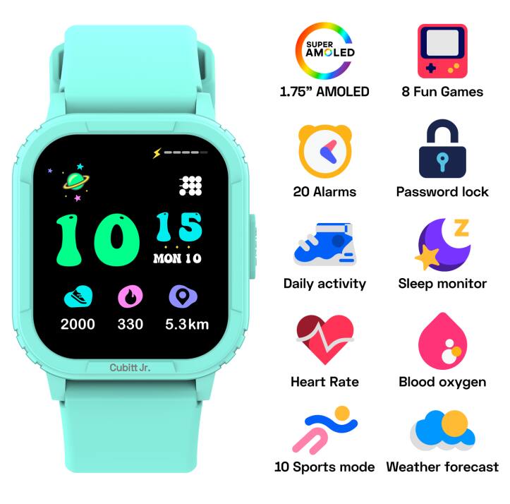- SUPER AMOLED
- 1.75" AMOLED
- 8 Fun Games
- 20 Alarms
- Password lock
- Daily activity
- Sleep monitor
- Heart Rate
- Blood oxygen
- 10 Sports mode
- Weather forecast