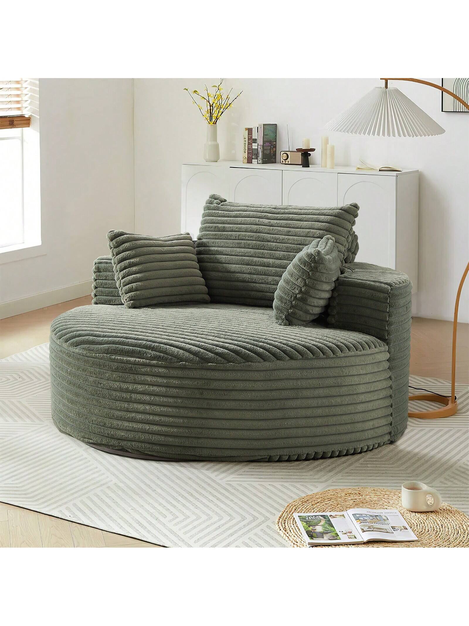 Angle. Trinkets Crazed - 55" L Corduroy Sponge Single Sofa, Oversized Round Chair,Fluffy Modern Sleeper Chair - Green.