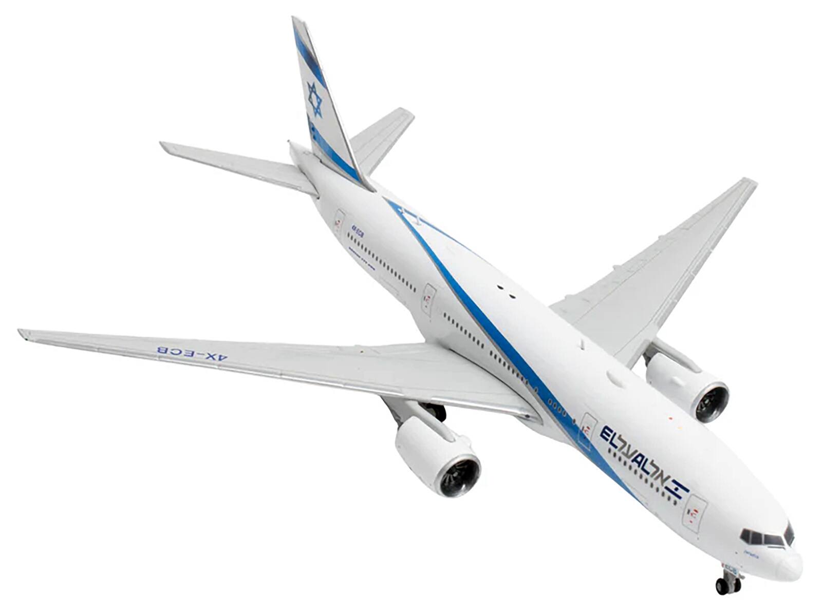 The text on the image should be grouped and corrected as follows:

- On the fuselage: "EL AL"
- On the tail: Star of David
- On the wing: "4X-ECB"
- On the body near the tail: "0000"