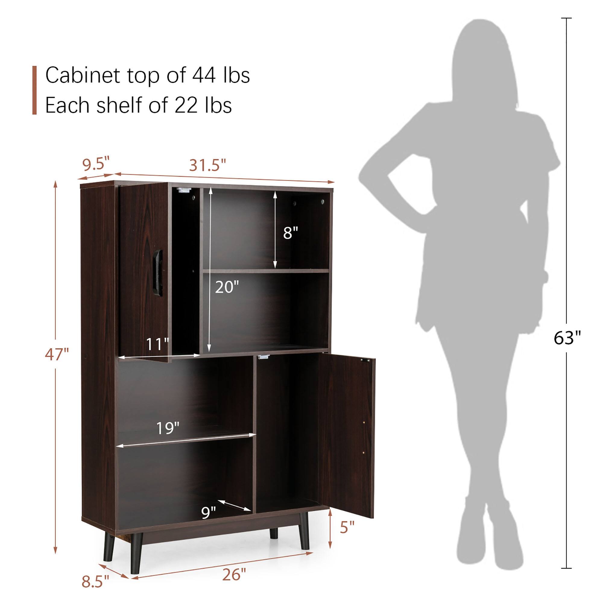 Cabinet top of 44 lbs  
Each shelf of 22 lbs  

Dimensions:  
- Height: 63"  
- Width: 31.5"  
- Depth: 20"  
- Cabinet top: 9.5"  
- Shelf spacing: 8"  
- Bottom shelf to floor: 5"  
- Overall depth: 26"  
- Overall width: 47"  
- Bottom shelf depth: 19"  
- Bottom shelf height from floor: 9"  
- Cabinet base width: 8.5"