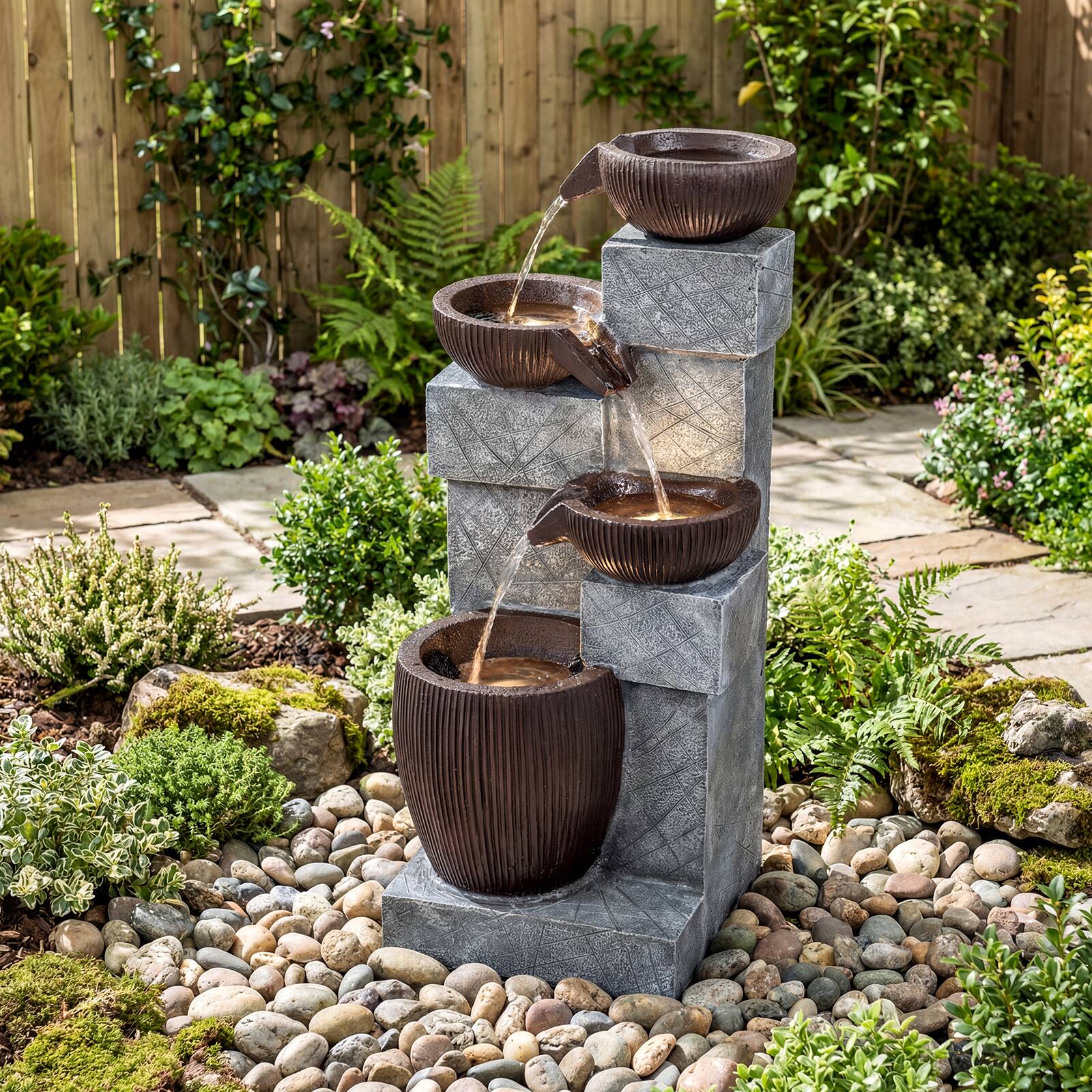 Alt View 3. Costway - Costway 32" 4-Tier Outdoor Water Fountain with LED Lights for Patio Deck Backyard Balcony - Gray + Brown.