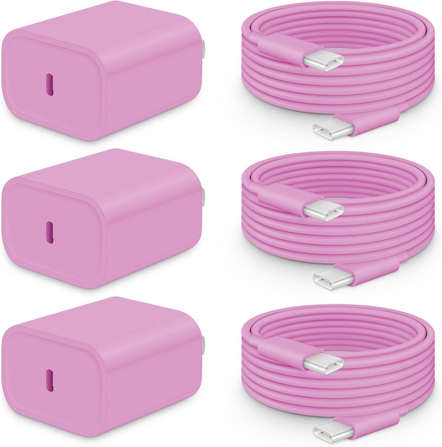Front. Core Tech - 3-Pack 20W USB-C Fast Wall Chargers with 6 ft USB-C to USB-C Cables for iPhone 18/17/16/15 - Pink - Pink.