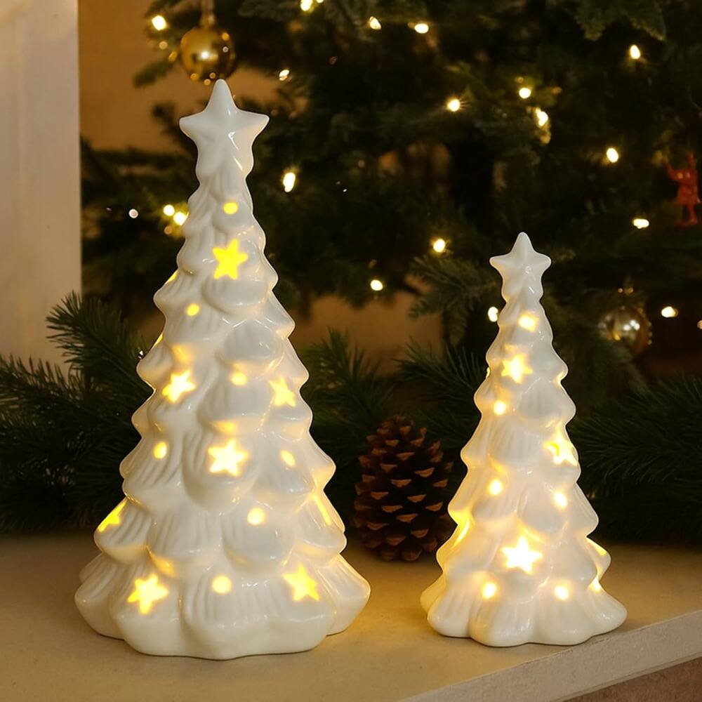 Front. RTMB - Set of 2 White Ceramic Light-Up Christmas Trees, Tabletop Mini Porcelain Figurines for Holiday Decor - White.