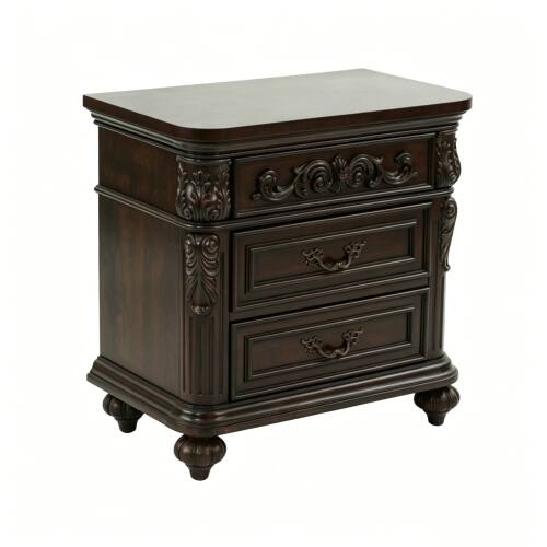 Back. LUCKY ONE - 28" Assembled 3-Drawer Nightstand Solid Wood Frame Carved - Espresso.